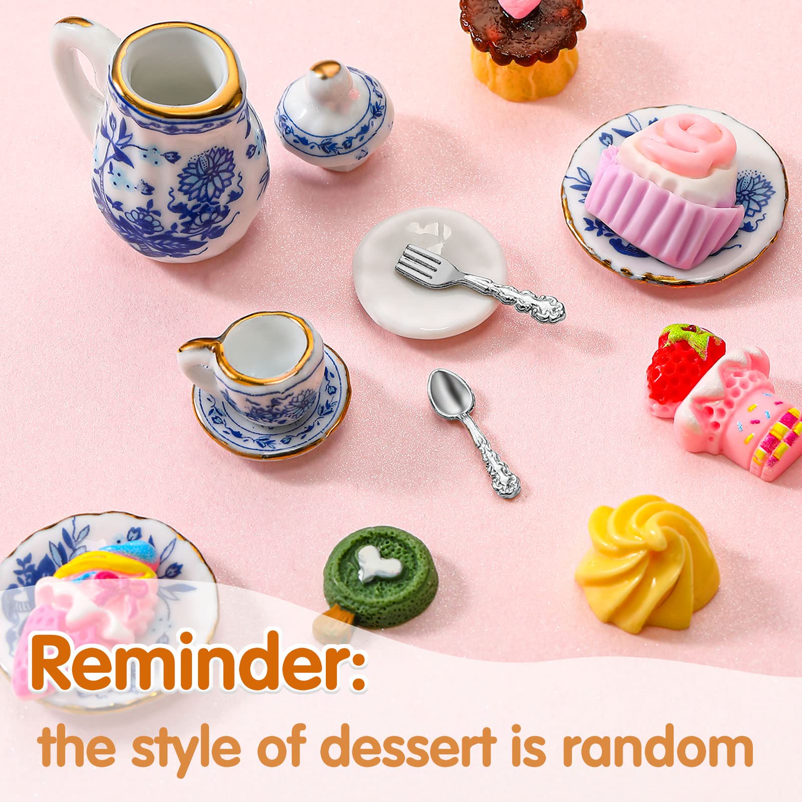 1:12 Scale Miniature Dollhouse Kitchen Accessories Set - 41 Pcs Retro Style Mini Porcelain Tea Cups, Plates, Cutlery & Dessert Decor for Dollhouse, DIY Crafts & Party Table Decoration