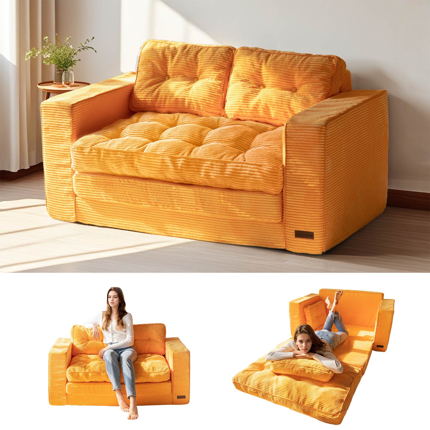 MAXYOYO Convertible Sofa Bed - Pull Out Loveseat Sleeper Sofa with Storage, Orange | Space Saving Multi-Functional Furniture for Small Apartments, Guest Rooms & Home Offices