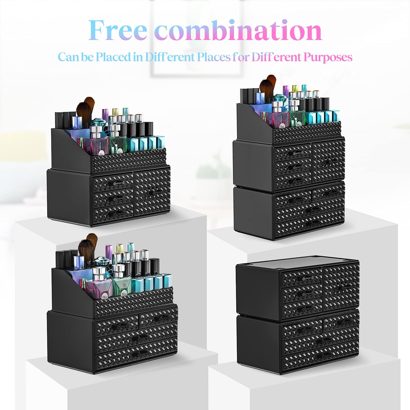 Awenia 360° Rotating Makeup Organizer with Drawer - Acrylic Cosmetic Storage Case for Brushes, Perfume & Jewelry Display (2 Styles, Black) - Perfect Vanity Organizer & Gift for Beauty Lovers | Ideal for Bedroom, Bathroom & Travel Makeup Storage