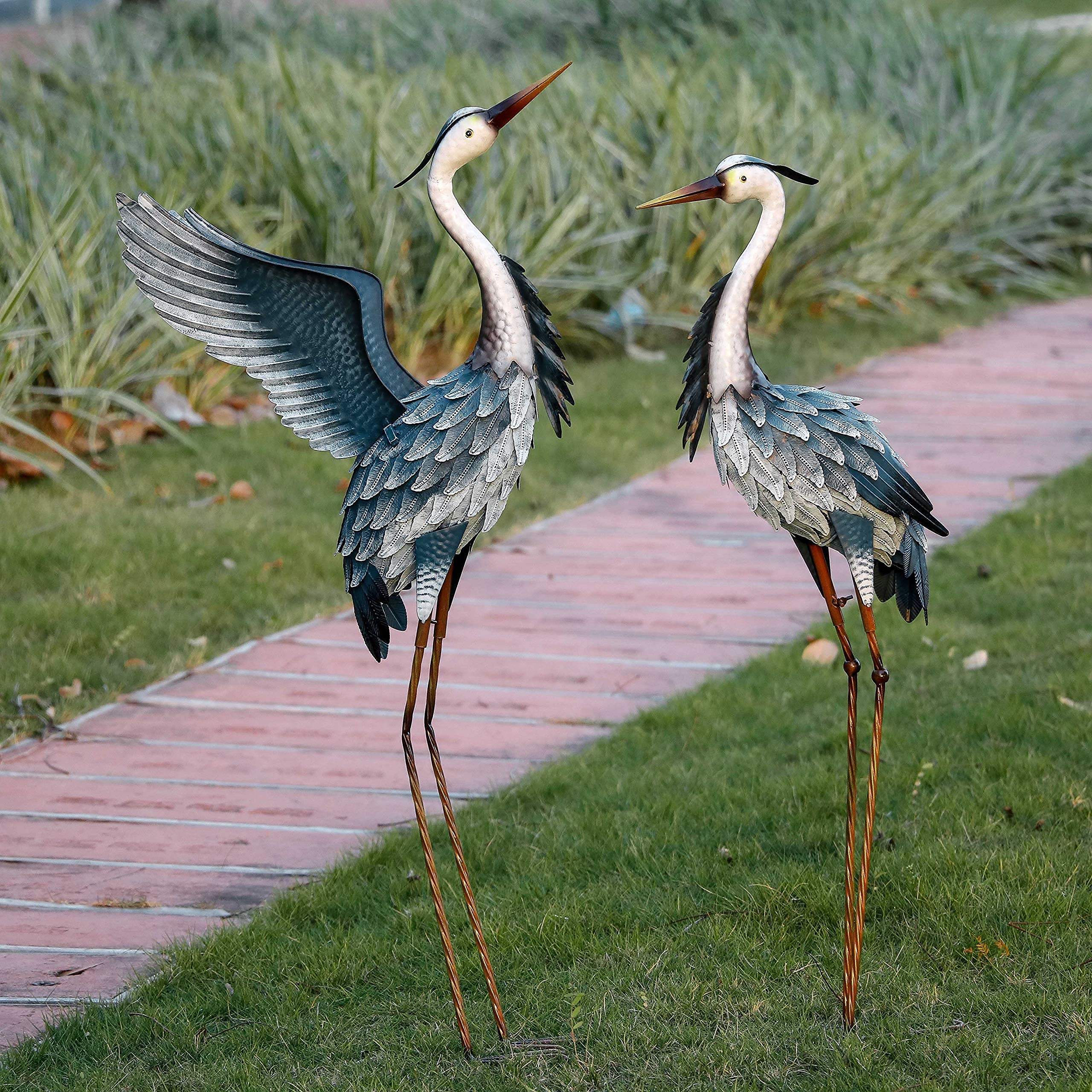 Large Metal Blue Heron Statues for Outdoor & Indoor Decor - Set of 2 (37-40.7
