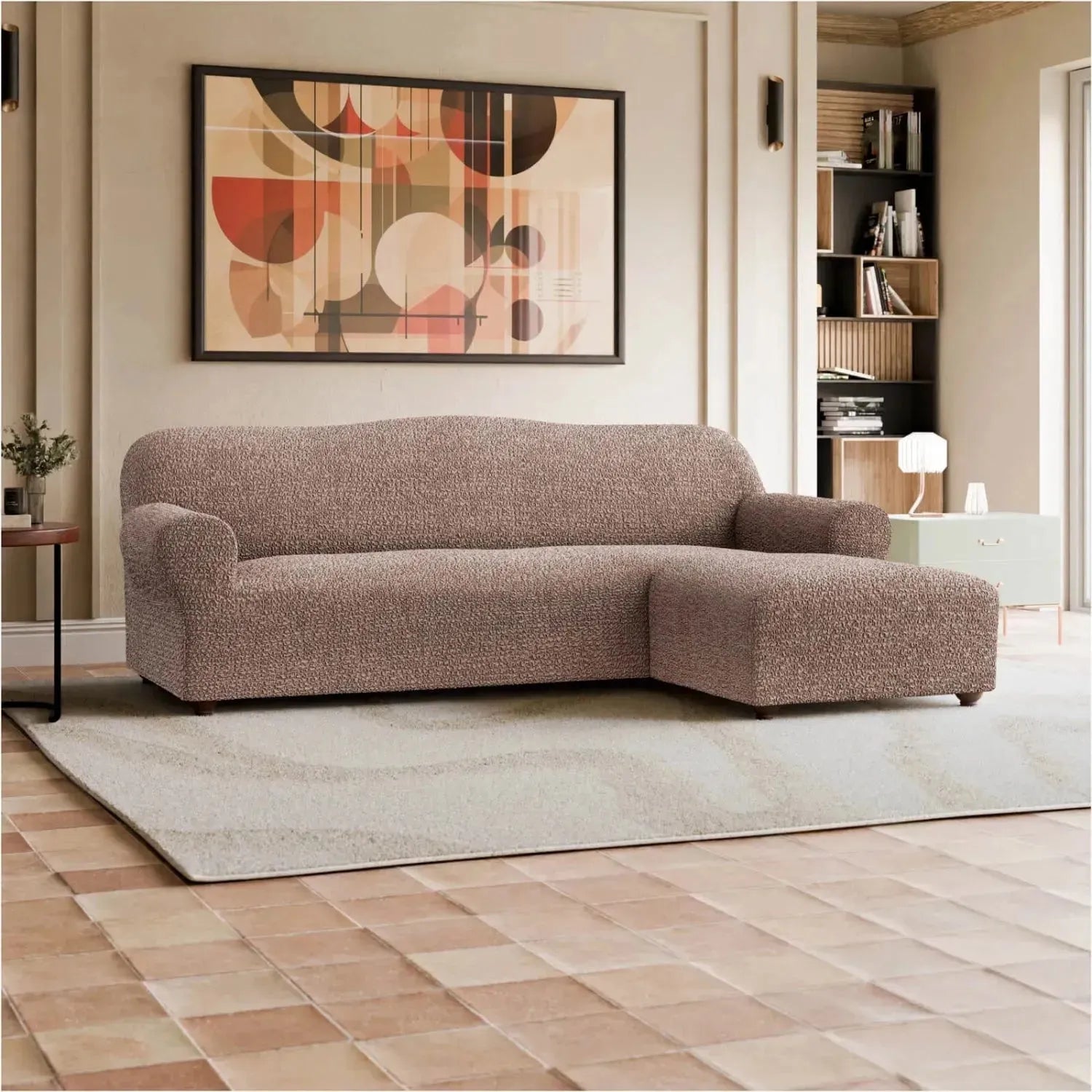 L Shaped Sofa Slipcover with Right Chaise - Mille Righe Collection Stretchable Furniture Protector for Living Room, Family Room & Home Theater