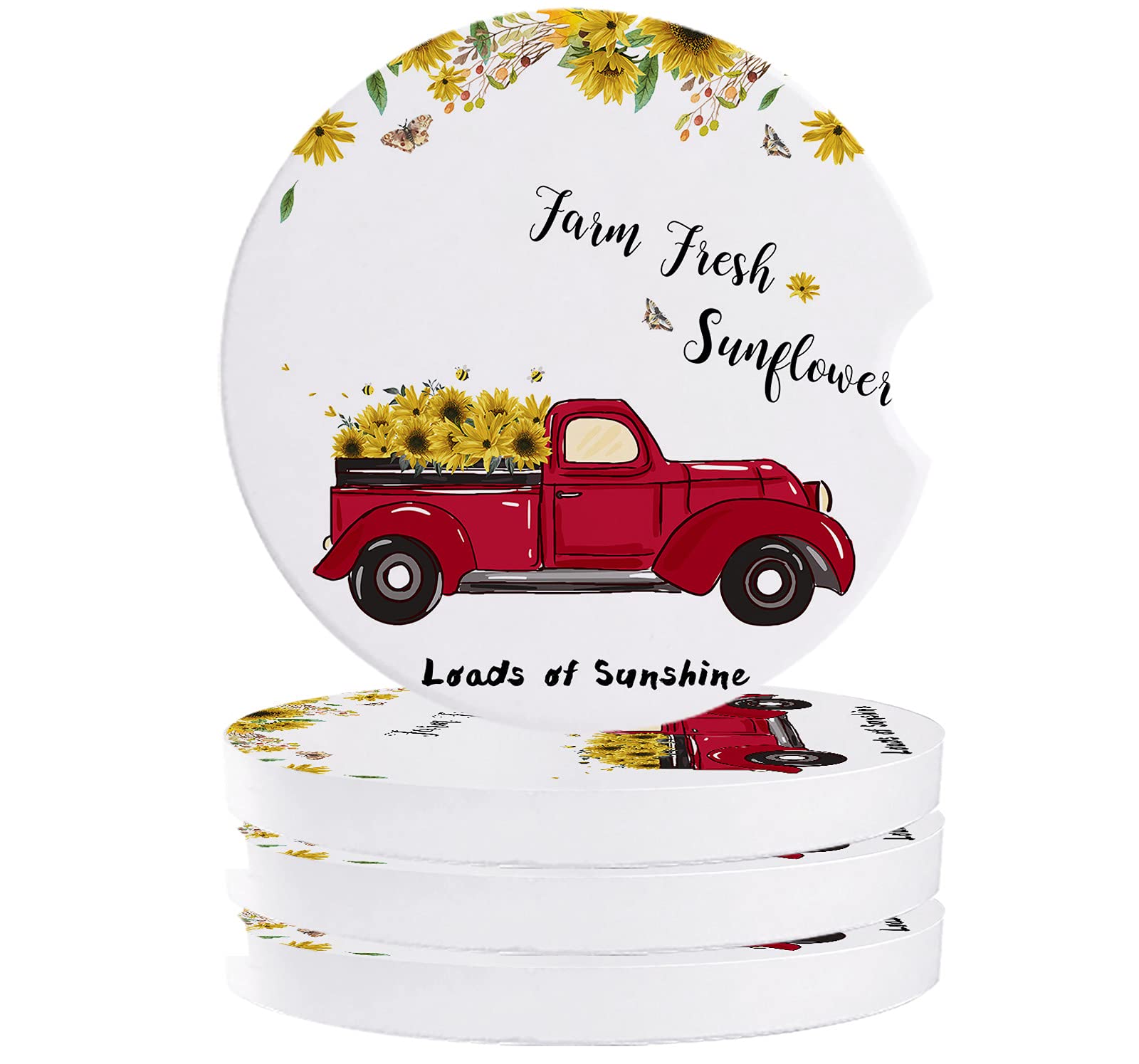 Vintage Farm Girl Truck Ceramic Stone Car Drink Coasters - 4 Pack Absorbent Cup Holders for Cars, SUVs, Trucks & Boats (2.56 Inch) - Perfect for Road Trips, Commuting & Outdoor Adventures