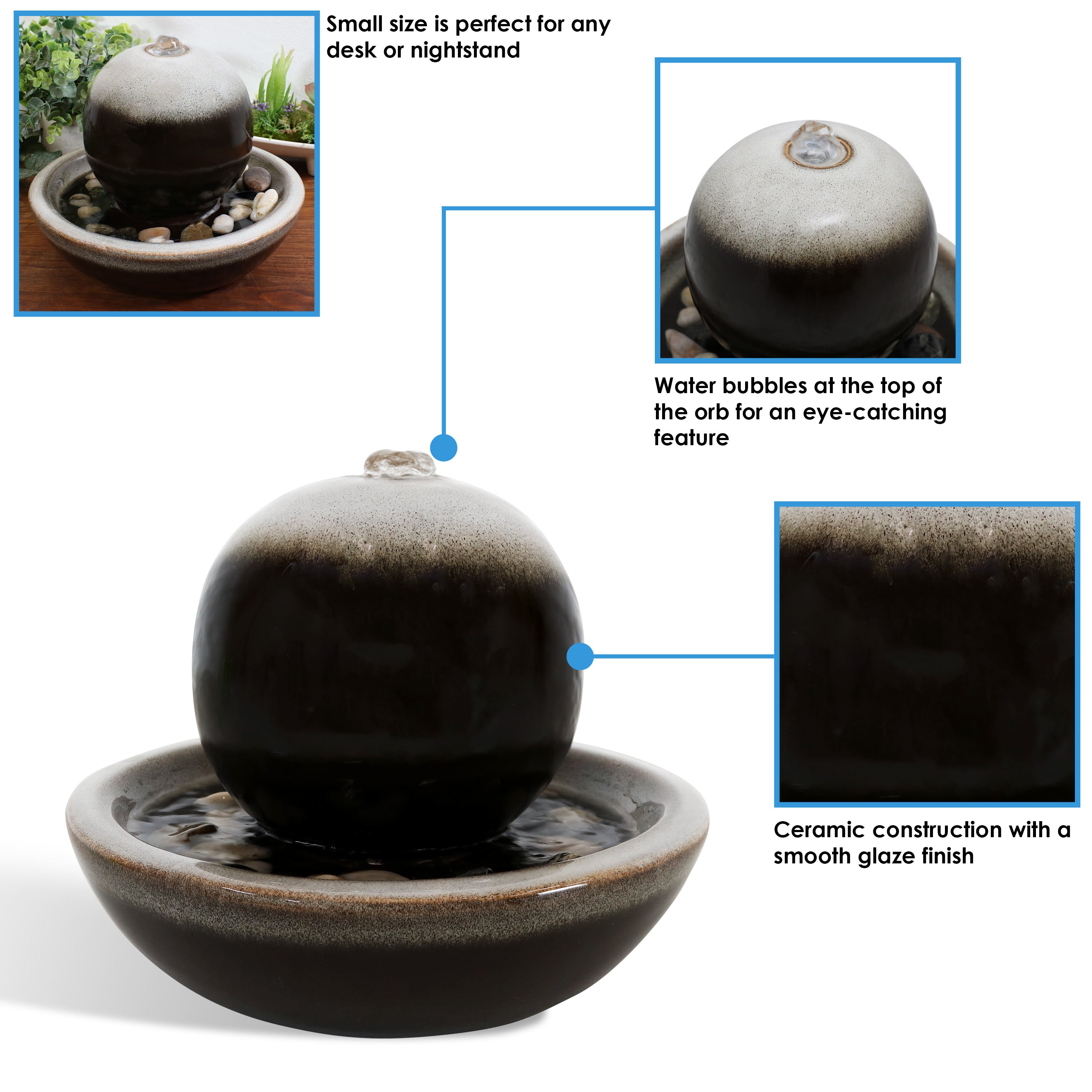 Sunnydaze Modern Orb Design Ceramic Tabletop Water Fountain - Indoor Zen Decor for Home, Office & Garden Relaxation