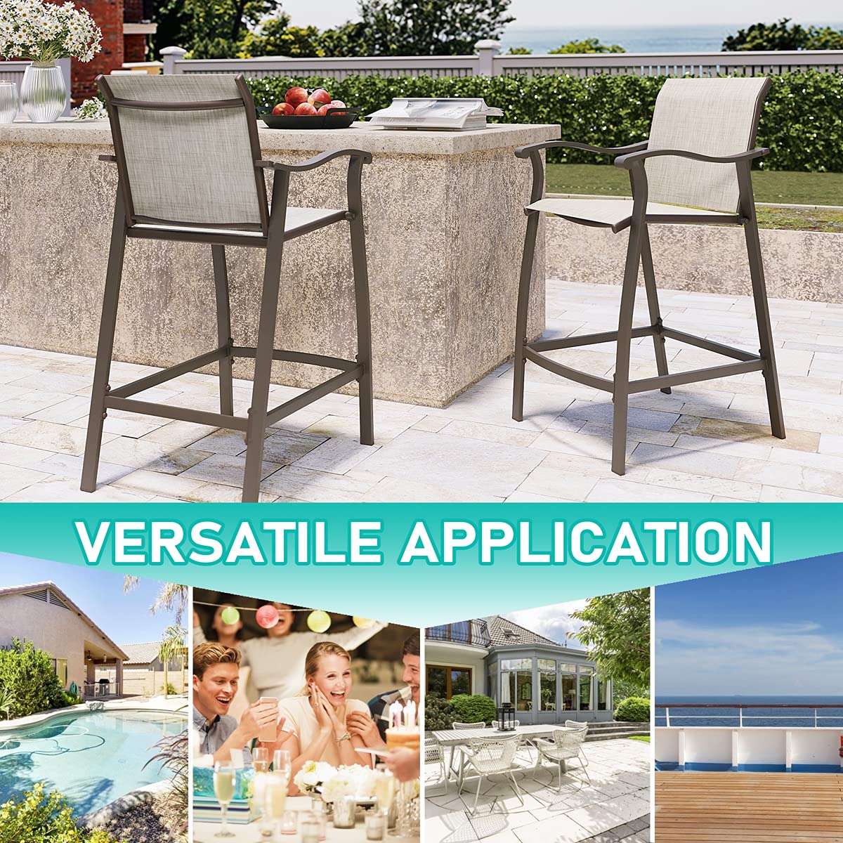 2-Piece Outdoor Bar Stool Set - Counter Height Patio Chairs with Brown Aluminum Frame & Beige Textilene Fabric - Perfect for Backyard, Deck, Poolside & Outdoor Dining Areas