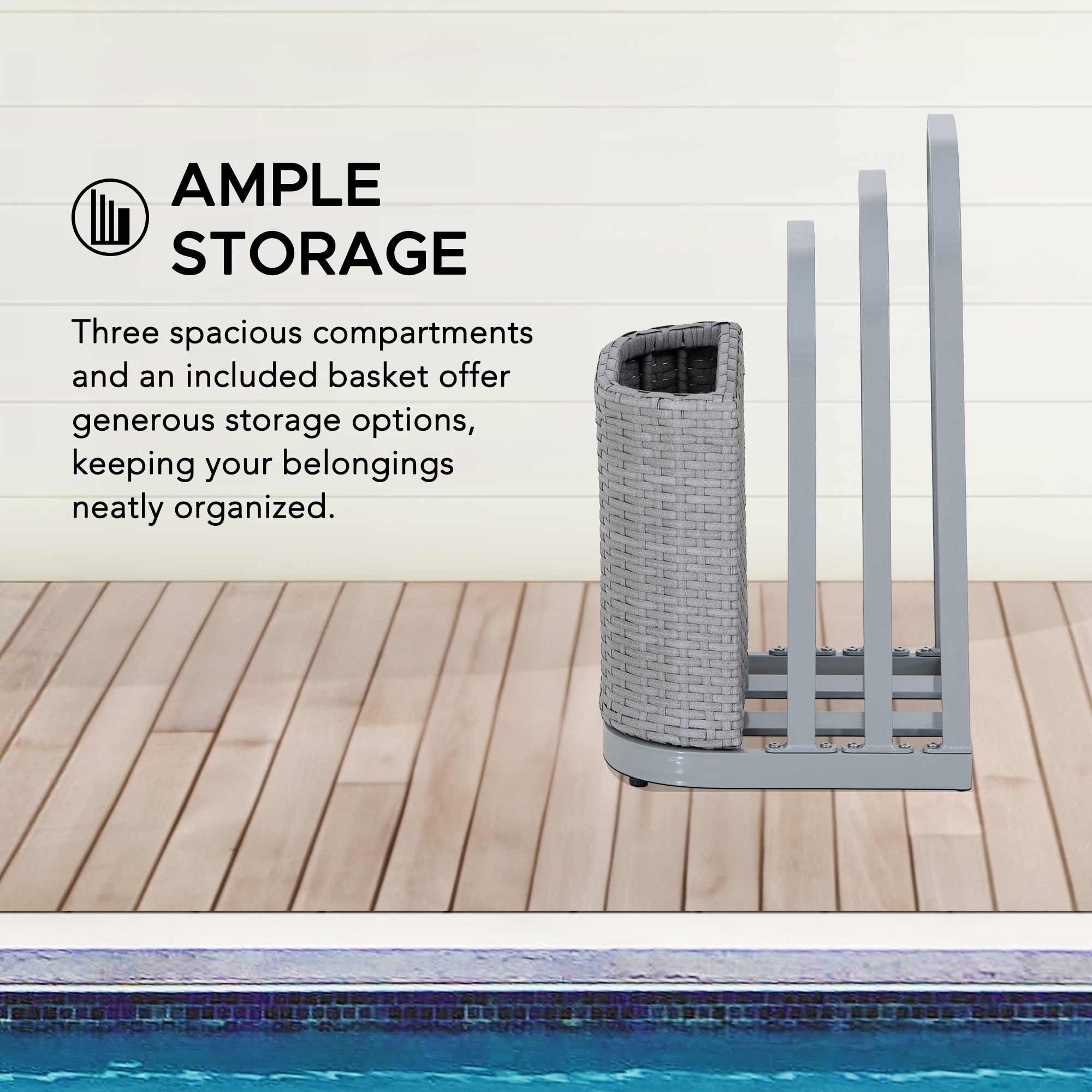 **Sunjoy 16-Inch Rust-Proof Aluminum Pool Float Storage Rack – Outdoor Wicker Poolside Organizer for Cushions, Floaties, Noodles & Toys (Grey) – Perfect for Backyard, Poolside & Beach Storage**