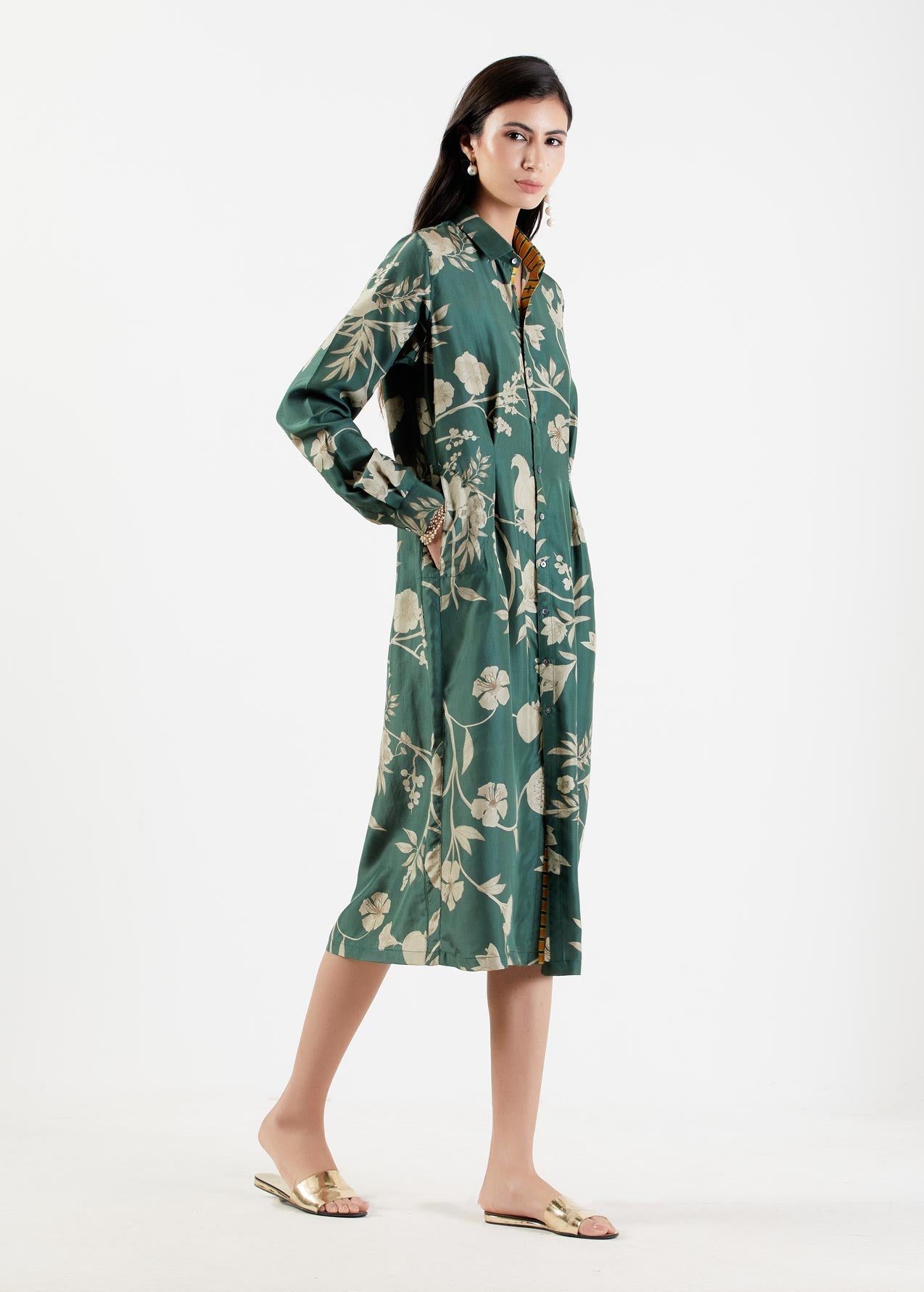 Elegant Pleated Silk Twill Dress for Women - Forest Green Flowy Midi Dress for Office, Wedding & Special Occasions
