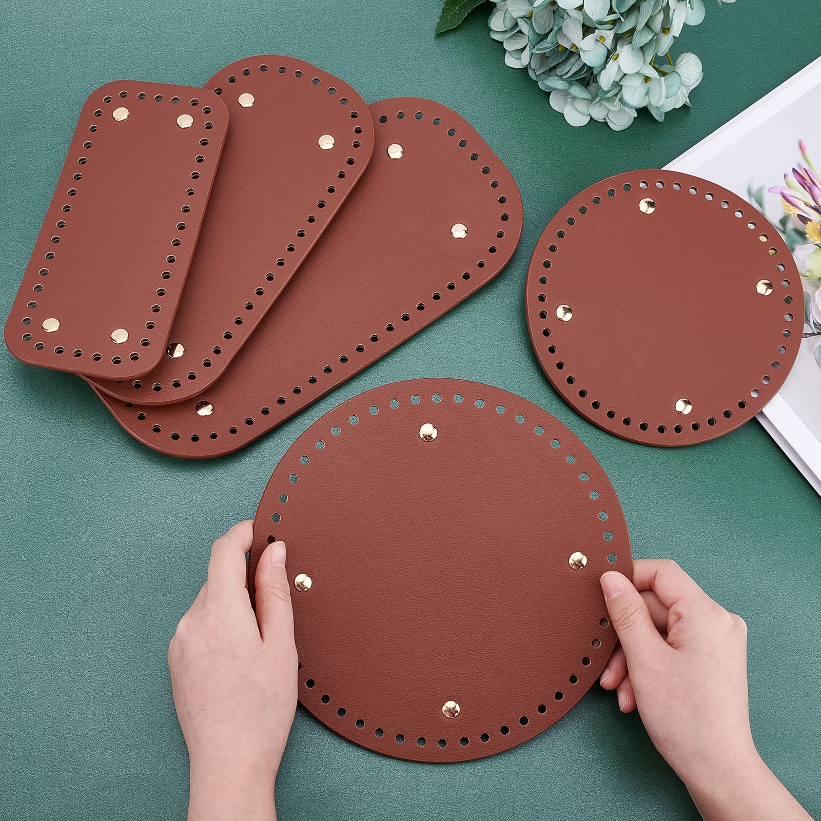 PH PandaHall 5 Sizes Crochet Bag Base - 5pcs Oval/Round/Rectangle Leather Bottom Shaper Pads with Golden Alloy Nails for DIY Handbag, Purse & Shoulder Bag Making (Brown) - Perfect for Crafting, Repairing & Reinforcing Crochet Bags