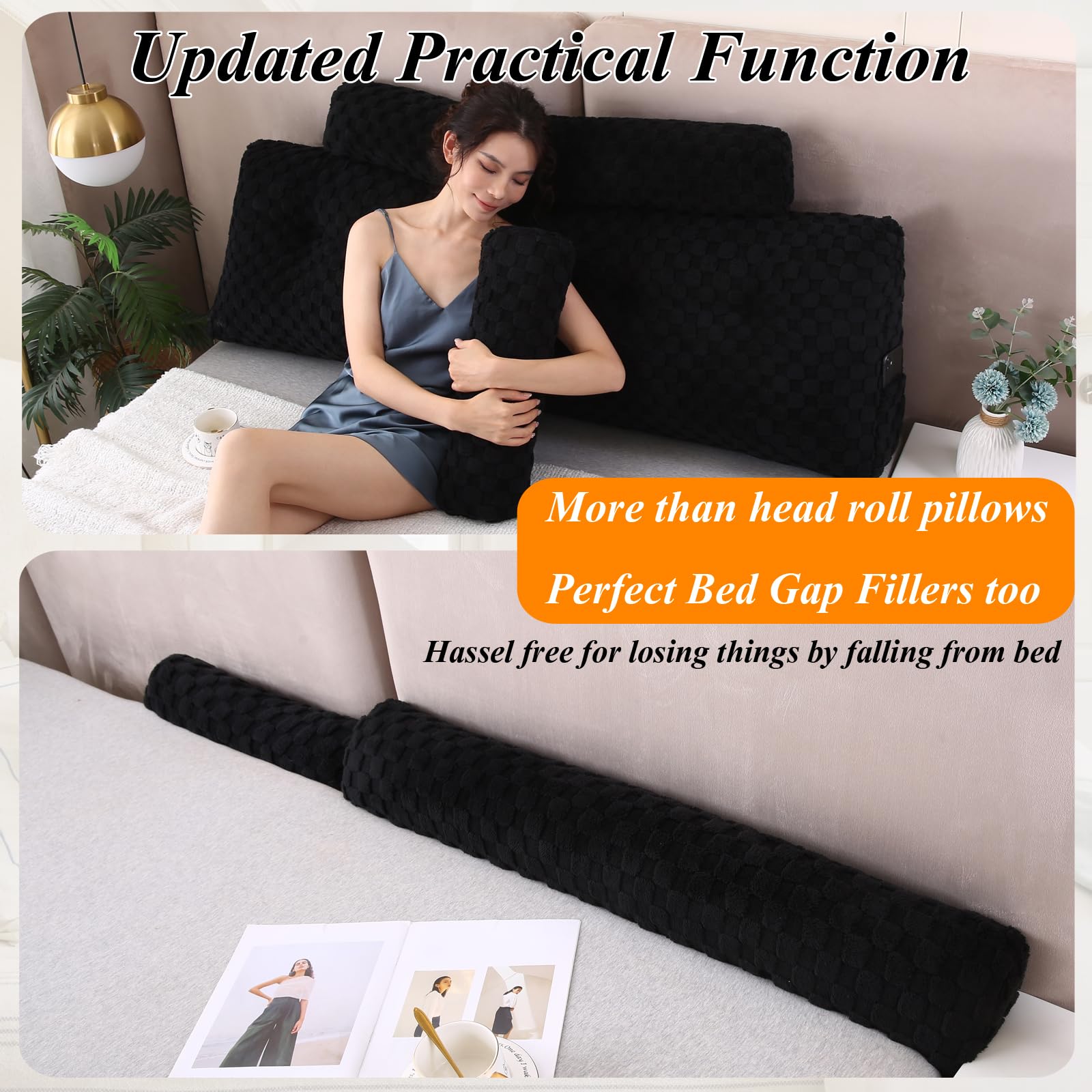 **Wedge Headboard Pillows Set - Long & Short Bolster Pillows for Bed Backrest, Sitting Comfort - Perfect for Reading, Watching TV, or Relaxing in Bed**