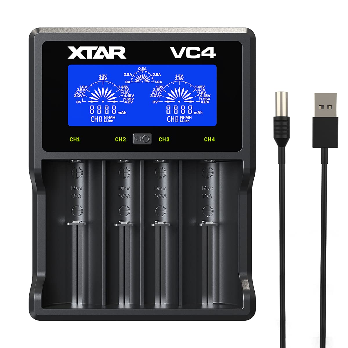 XTAR VC4 Battery Charger for Li-ion, Ni-MH, AA, AAA - Fast USB Charging Station with LCD Display | Perfect for Vaping, Flashlights, RC Toys & Digital Cameras (US Version)