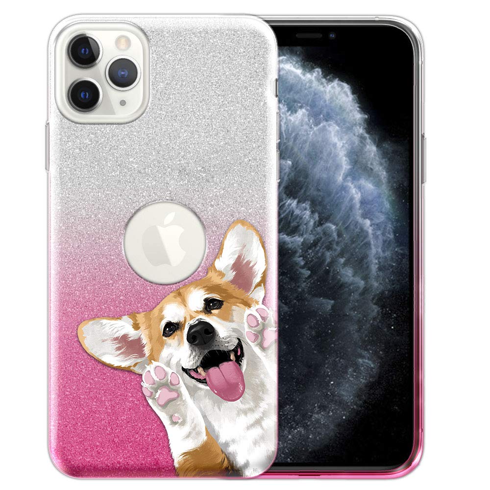Fashion Glitter Phone Case for iPhone 11 Pro Max 6.5 Inch - Shiny Silver Pink Gradient TPU Protective Cover with Cute Red Pembroke Welsh Corgi Design | Perfect for Everyday Use, Party Accessories & Gift Giving