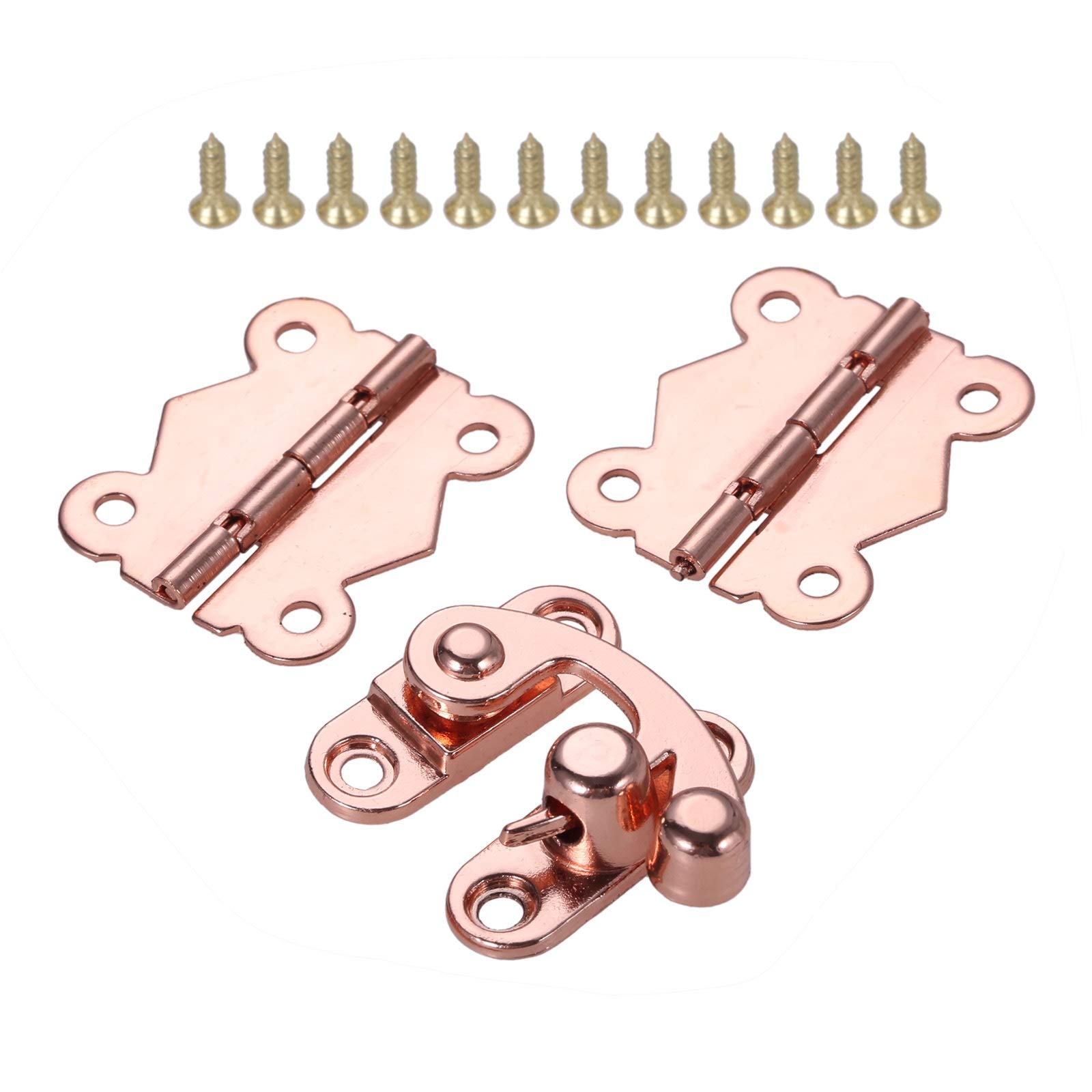 3-Piece Rose Gold Cabinet Hinges Set - Decorative Drawer Hinges with Wooden Box Buckle Hasp Latch Lock for Furniture Hardware - Perfect for Home Decor, Wardrobe, Kitchen Cabinets & DIY Projects