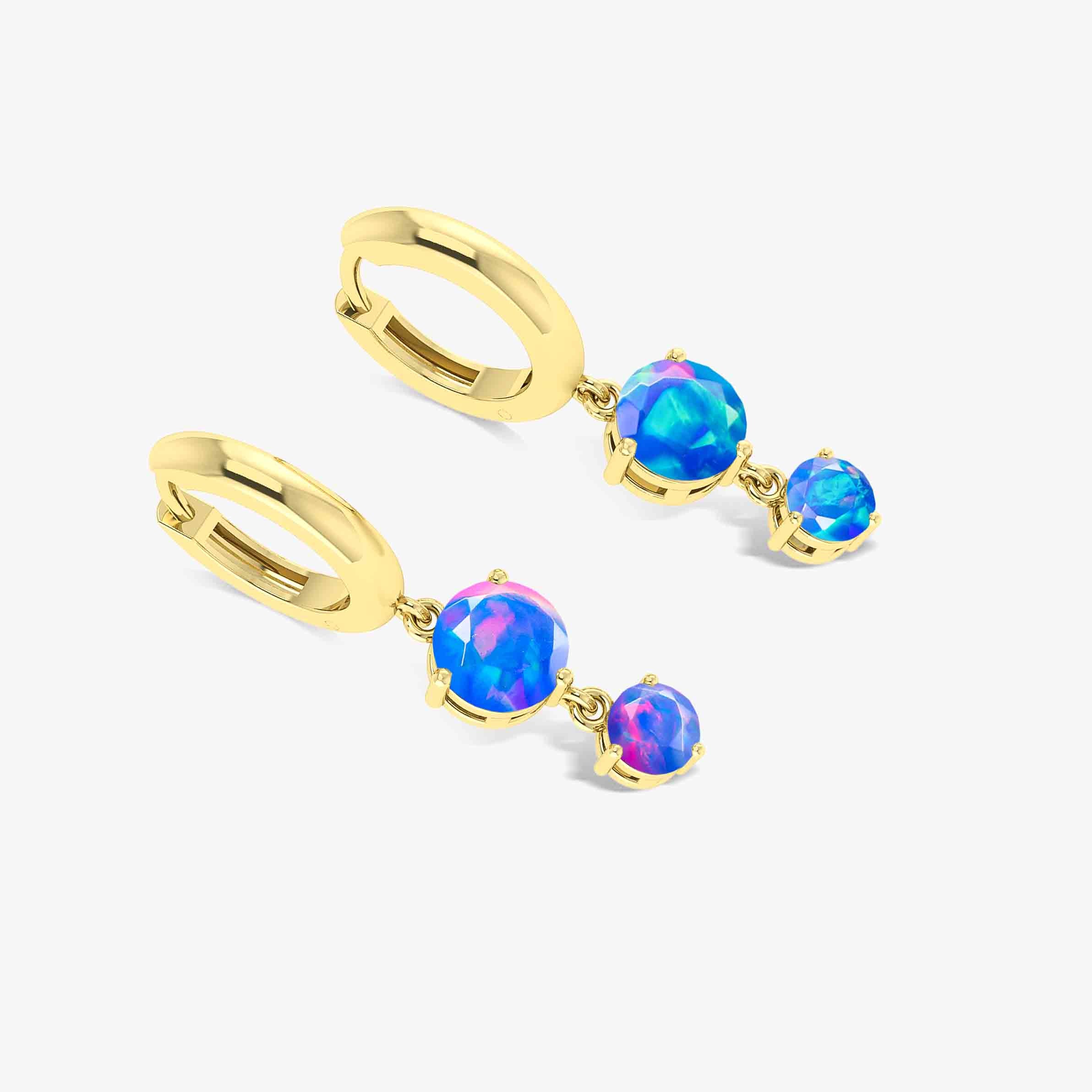 2 Round Stone Natural Blue Opal Drop Hoop Earrings for Women - Elegant Dangle Jewelry for Party, Wedding & Everyday Wear