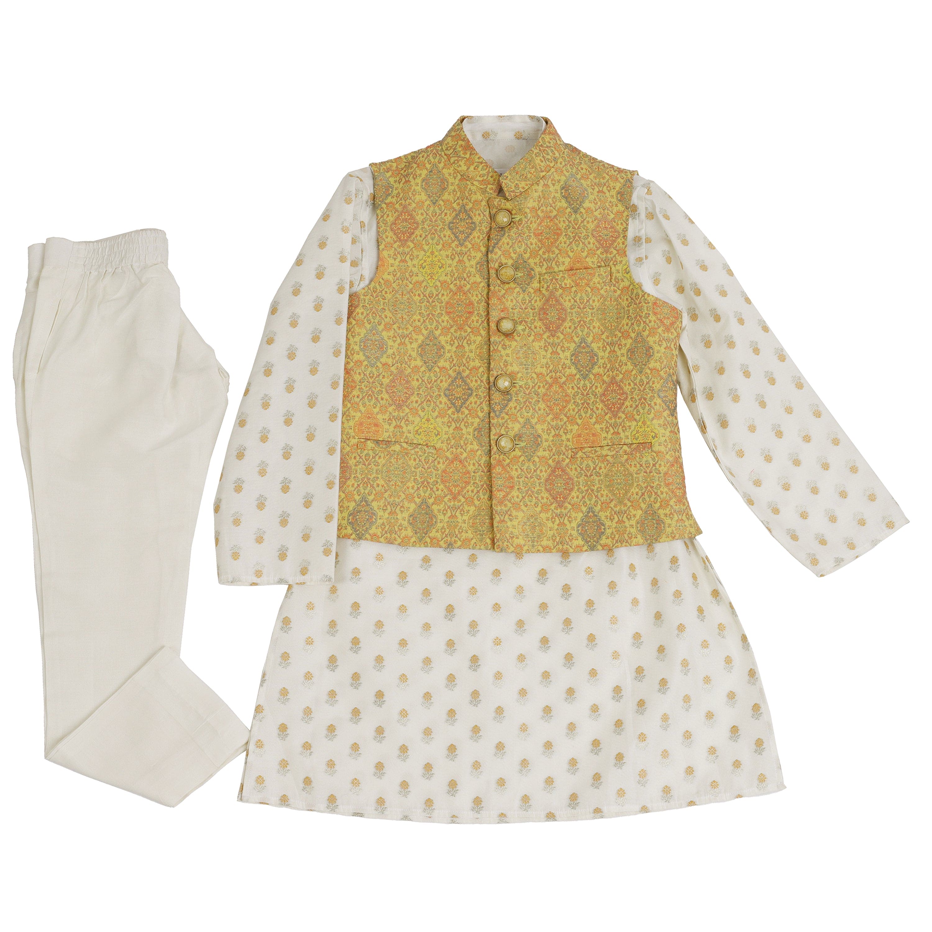 Pre Order: Yellow Bandi with Off White Kurta Set for Boys - Elegant Golden Embroidery Ethnic Outfit for Festivals, Weddings & Special Occasions