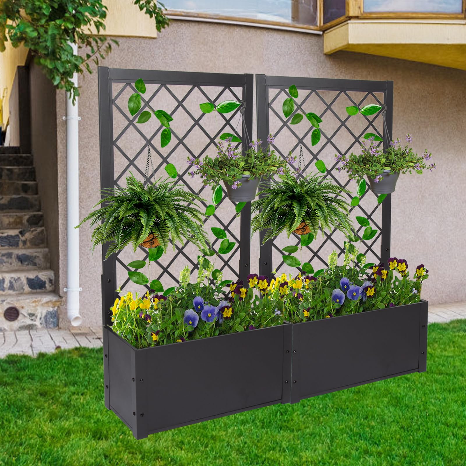 kinbor Metal Raised Garden Bed with Trellis - Set of 2 Black Outdoor Planter Boxes for Climbing Plants, Flowers, Vegetables | Perfect for Patio, Balcony & Backyard Gardening