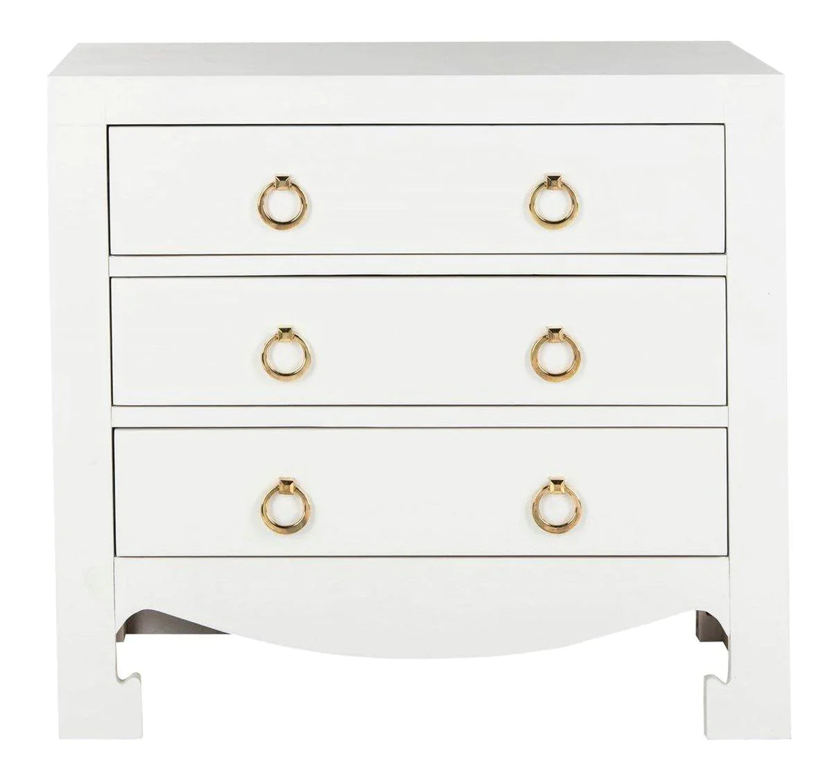 Asian Style White 3-Drawer Side Table with Gold Hardware - Modern Nightstand for Bedroom, Living Room, or Office