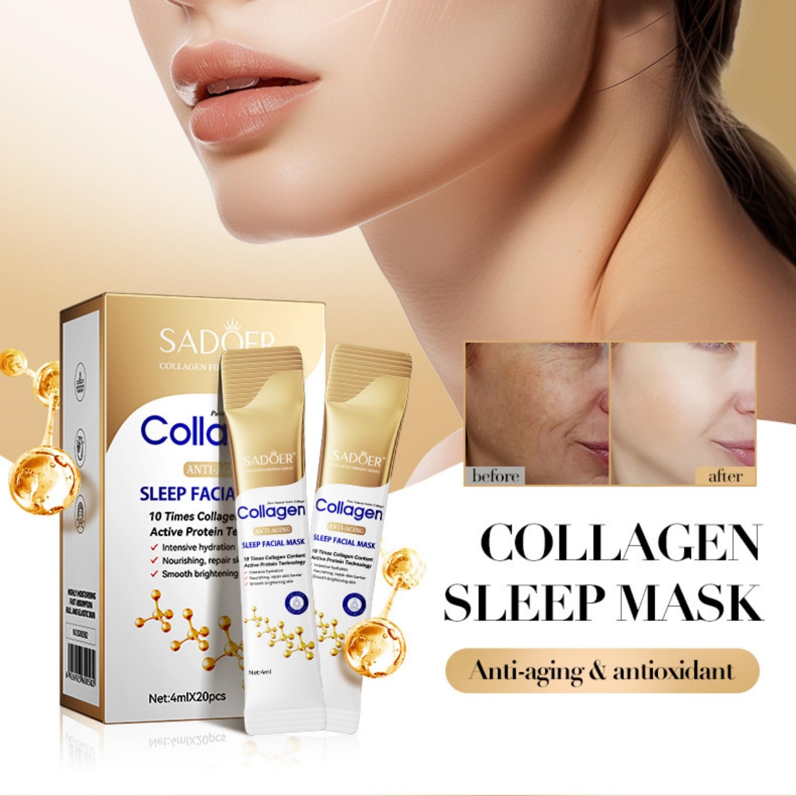 Premium Collagen Anti-Aging Sleep Facial Mask - 10X Collagen Boost (0.13 fl oz x 20 Sheets) | Overnight Hydration & Wrinkle Reduction for Glowing Skin | Perfect for Nighttime Skincare Routine & Self-Care