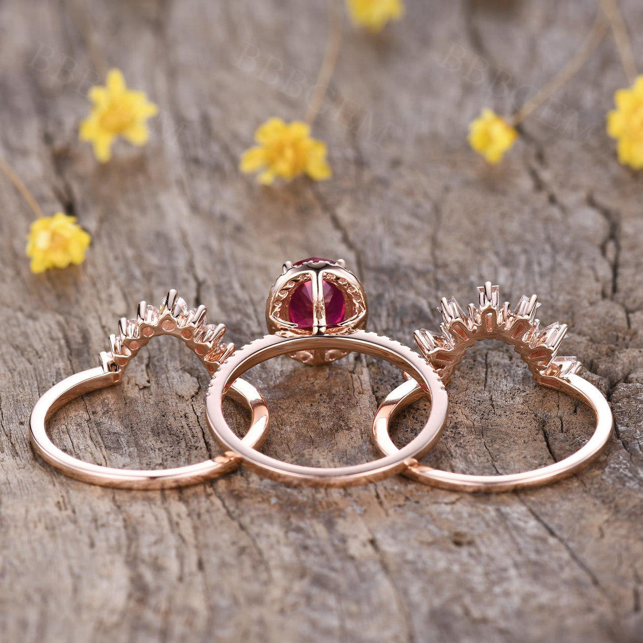 3-Piece Vintage Red Ruby Ring Set for Women - 18k Rose Gold Oval Halo Cocktail Rings | Elegant Jewelry Gift for Anniversary, Birthday & Special Occasions