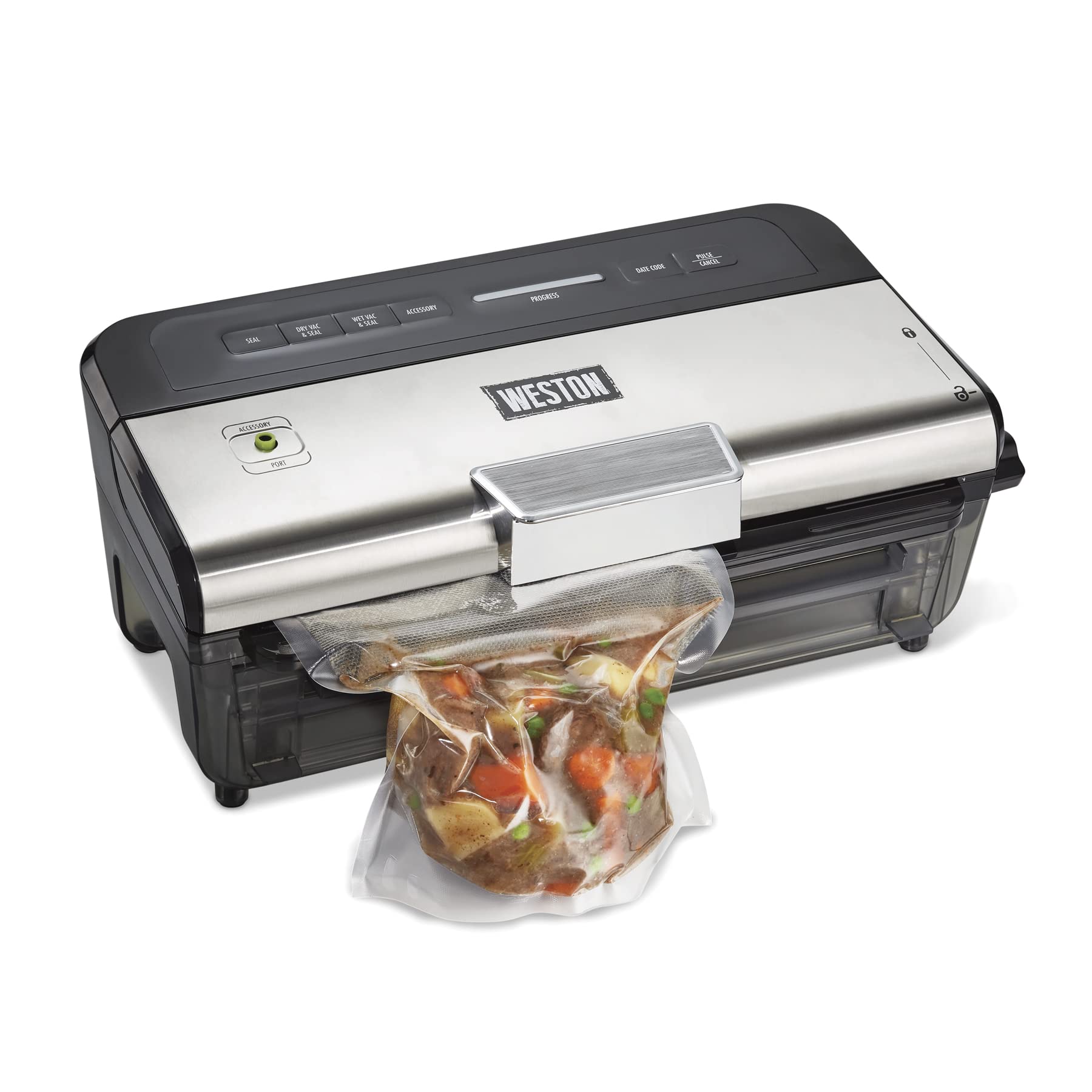 Weston Brands Wet & Dry Vacuum Sealer Machine - Fast & Consistent Liquid Food Sealing with Date Code Stamp | Built-In Cutter & Pulse Button | Includes 2 Rolls & 6 Easy-Fill Bags (Black, 65-1601-W) | Perfect for Meal Prep, Sous Vide & Food Preservation