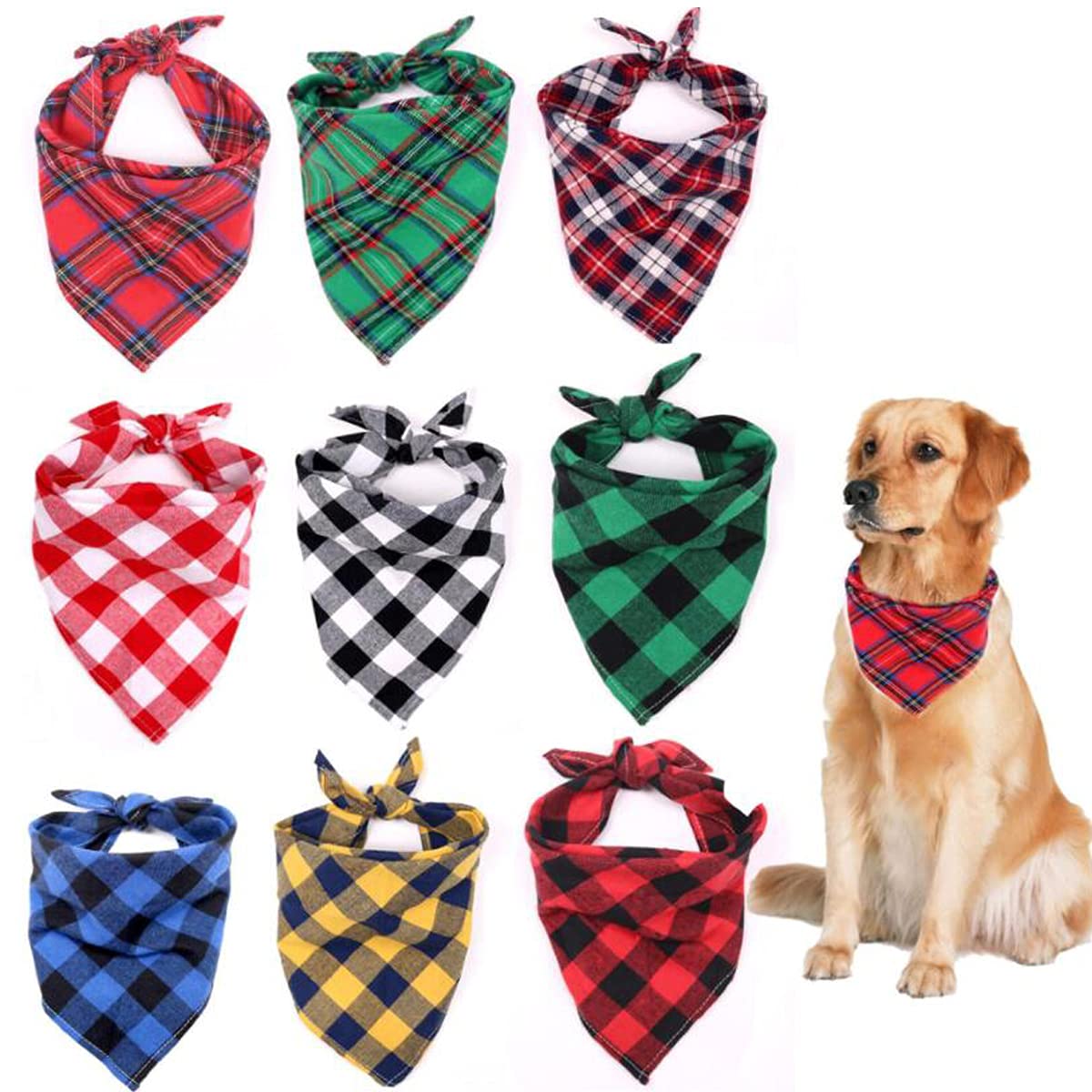Wepetyo 9Pcs Dog Bandanas Set - Cotton Pet Bandanas & Scarves for Small Medium Large Dogs & Cats - Mixed Color (Size L) - Perfect for Outdoor Adventures, Fall Fashion & Pet Photo Shoots