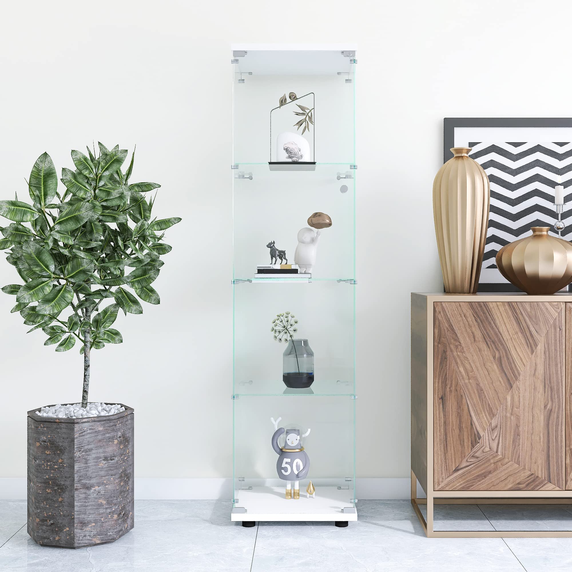 Yoluckea 4-Shelf Glass Display Cabinet with Door - White Floor Standing Curio Cabinet for Home, Office, Bookshelf & Corner Display - Easy Assembly for Collectibles & Decor