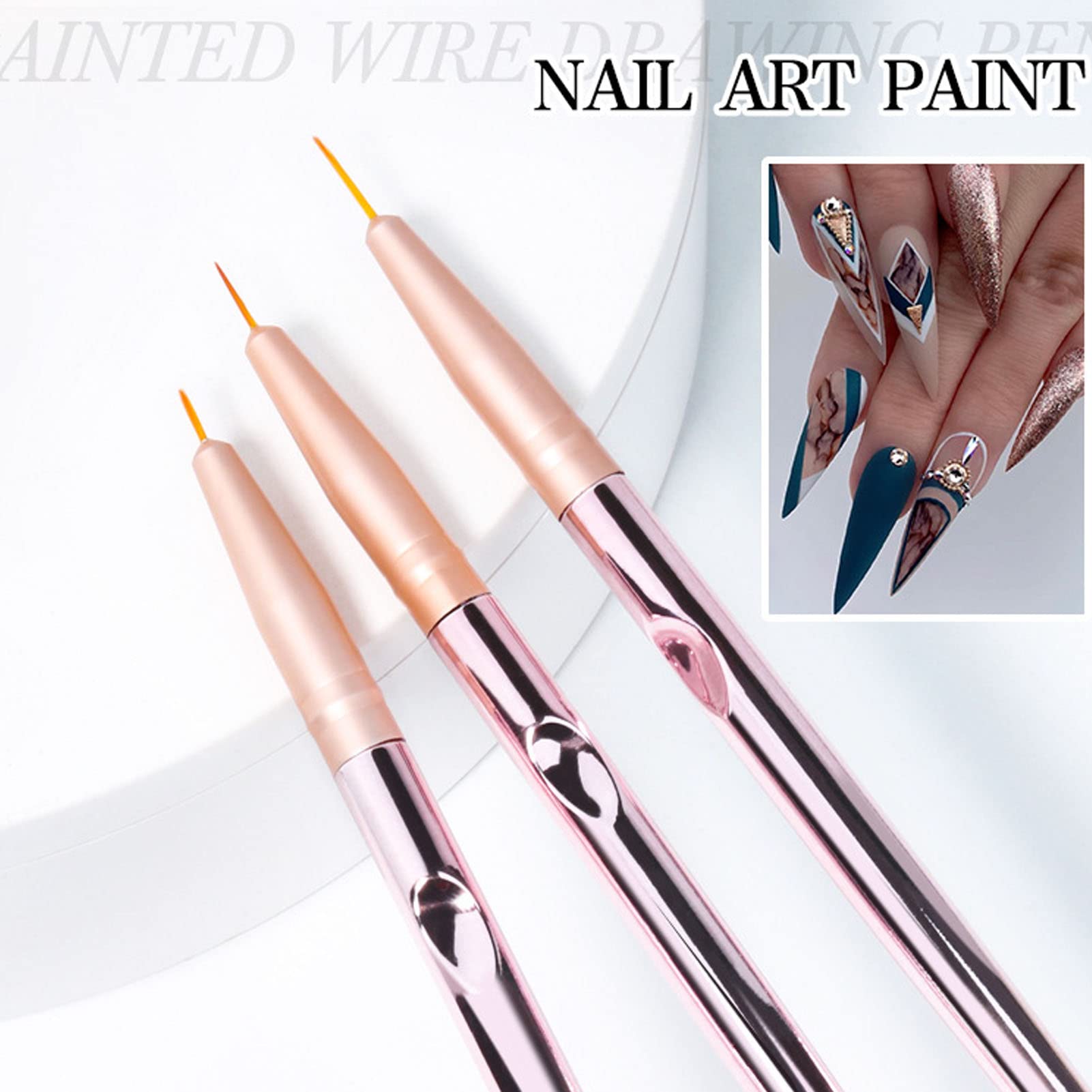 Professional Nail Art Liner Brushes Set - 3PCS Rose Gold Metal Barrel Nylon Bristle Detail Brushes with Lid for Precise Nail Painting & Drawing | Perfect for Home Salon, DIY Manicure & Nail Art Design