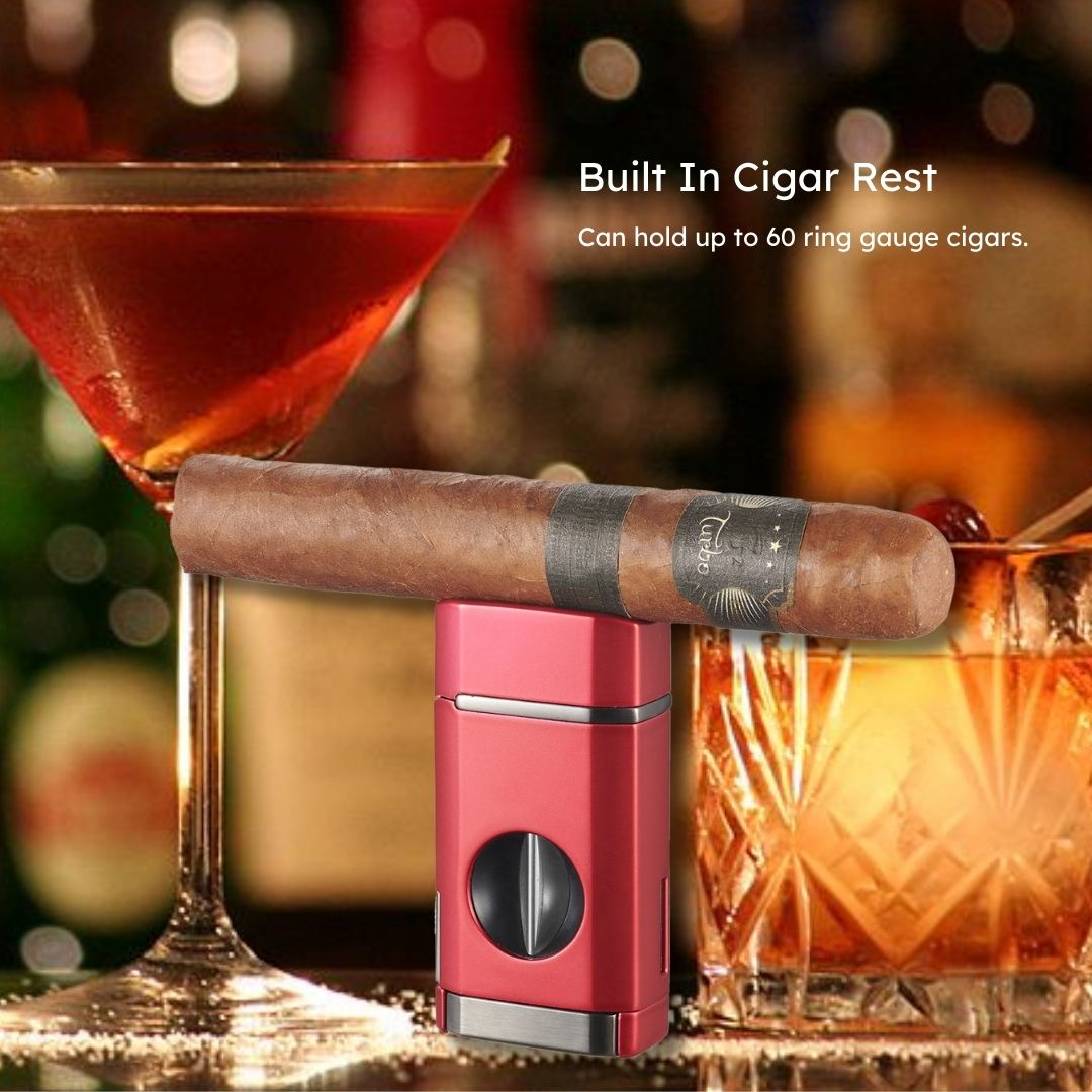 Visol Diablo Triple Torch Flame Lighter with Spring V Cutter - Red | Windproof Butane Lighter for Cigars, Camping & Outdoor Use