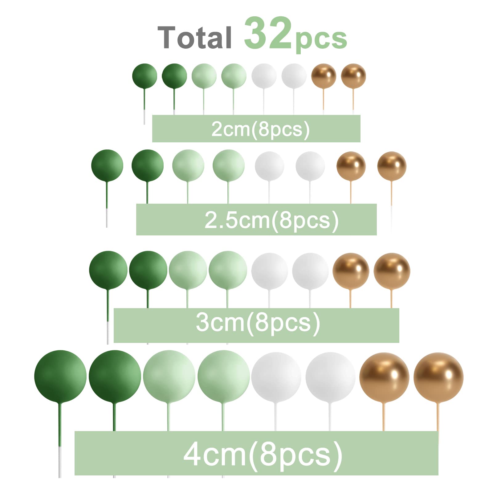 ASTARON 32 Pcs Ball Cake Toppers - Mini Balloons Cake Decorations with Sticks, Foam Balls for Wedding, Birthday Party Cake Decorating (Green & Gold) - Perfect for DIY Desserts, Baby Showers, and Anniversary Celebrations