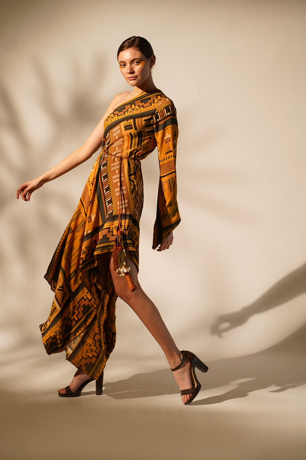 Mustard Aztec Print One Shoulder Dress for Women - Boho Chic Summer Party Outfit - Perfect for Beach Vacations, Music Festivals & Date Nights