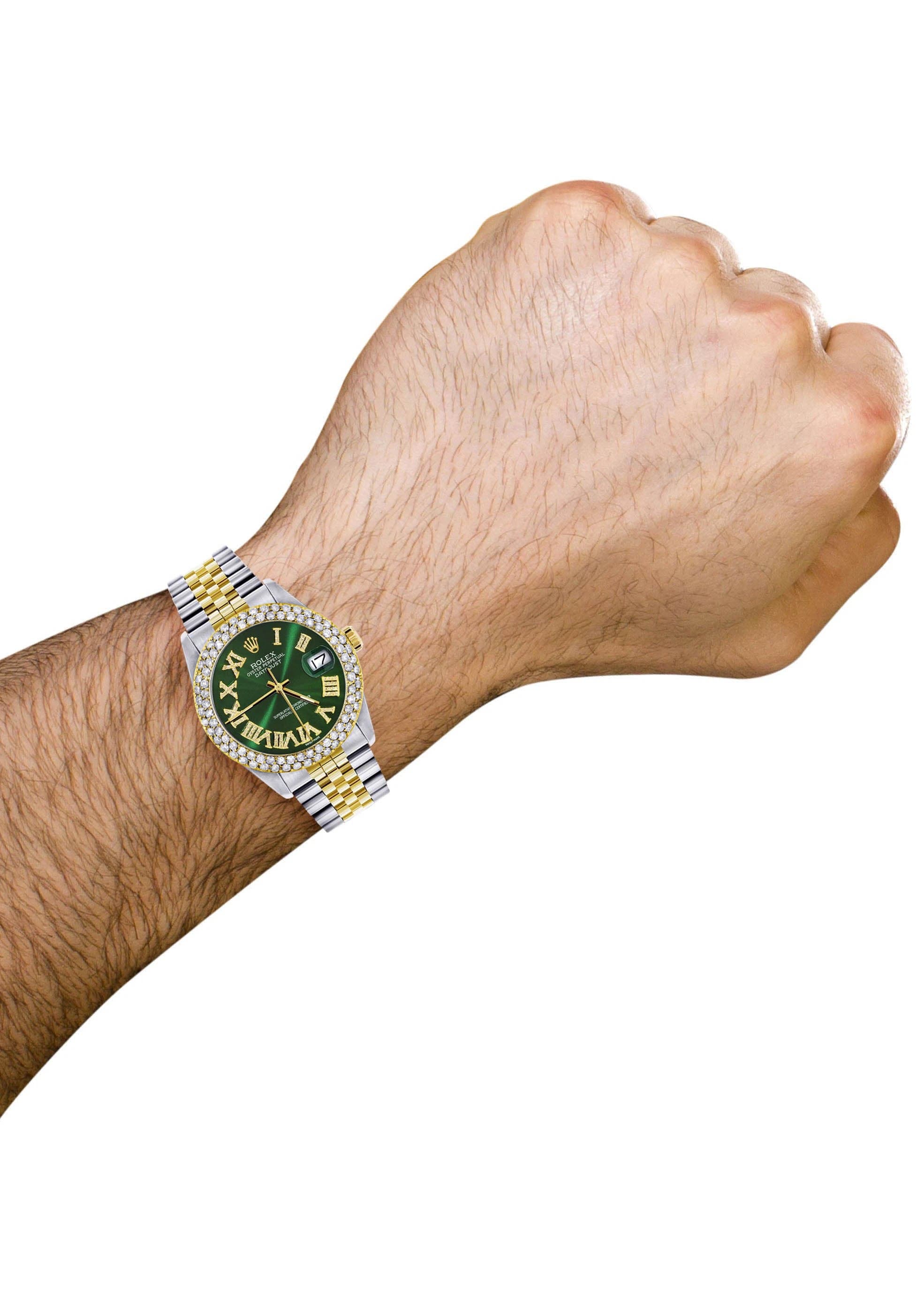 Luxury Diamond Gold Rolex Watch For Men 16233 | 36mm Green Roman Numeral Dial | 4.25 Carat Bezel | Jubilee Band | Perfect for Business, Gifting & Special Occasions