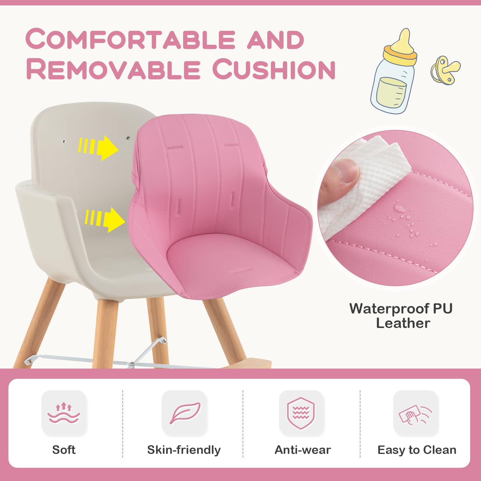 KOTEK 3-in-1 Convertible Wooden High Chair for Babies & Toddlers - Adjustable Height, 3-Position Food Tray, 5-Point Safety Harness with PU Cushion & Footrest - Pink Baby Dining Chair for Home, Restaurant & Daycare Use