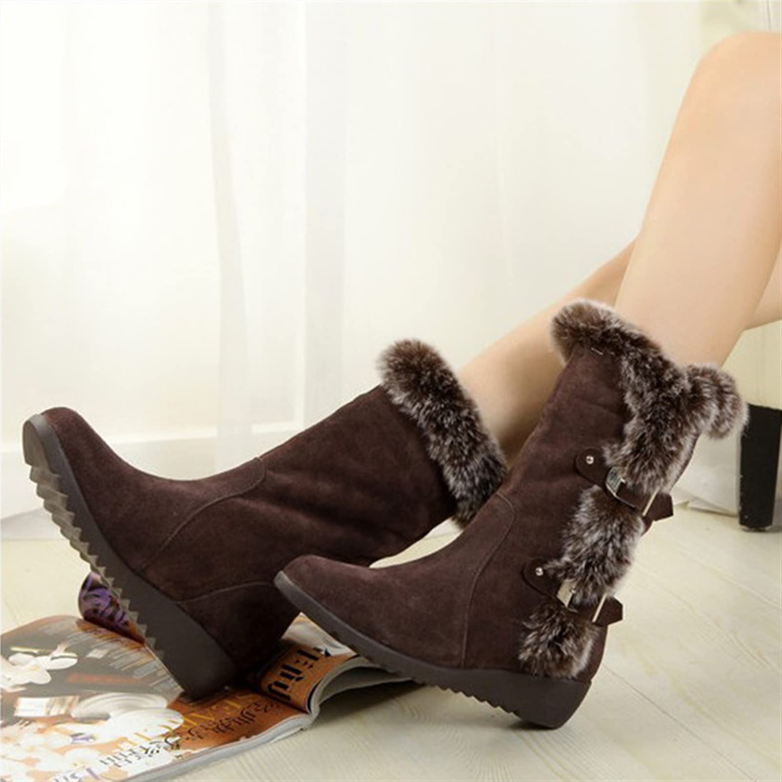 Women's Winter Boots - Warm Fur Lined Mid Calf Snow Boots Slip On Round Toe Wedge Heel Casual Shoes - Size 8 Black - Perfect for Snowy Days, Outdoor Activities & Winter Fashion