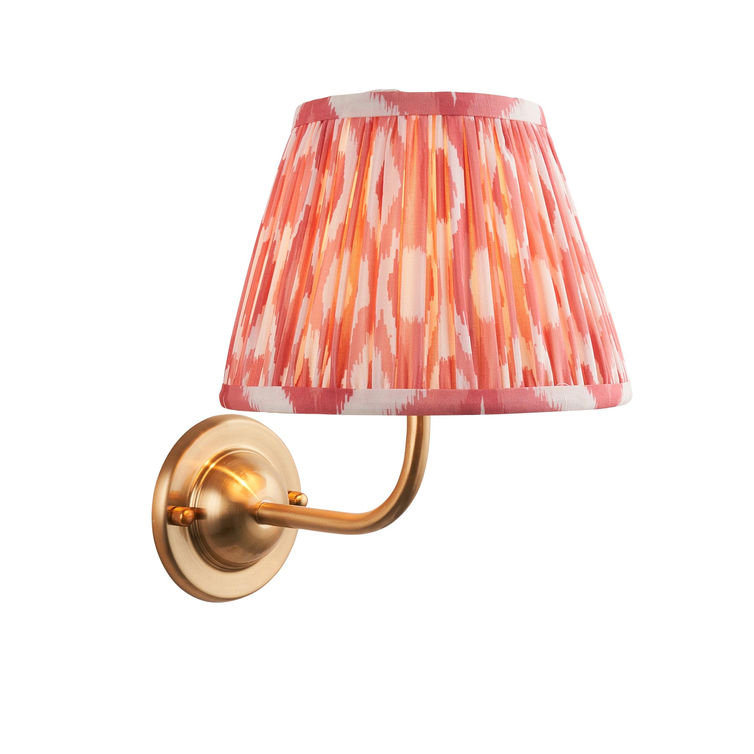 Brass Wall Light with Ikat 20cm Coral Pink Shade - Vintage Dome Arc Sconce for Bedroom, Living Room, or Hallway Lighting Decor