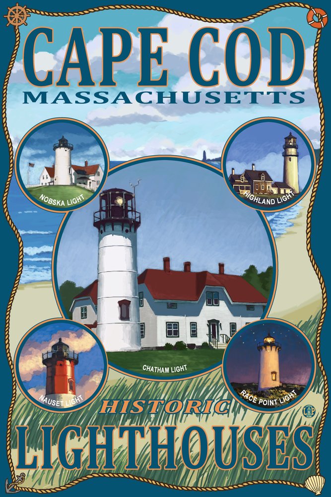 Lantern Press Cape Cod Massachusetts Lighthouses Wall Art Poster - 12x18 Inches Coastal Decor for Living Room, Bedroom & Office