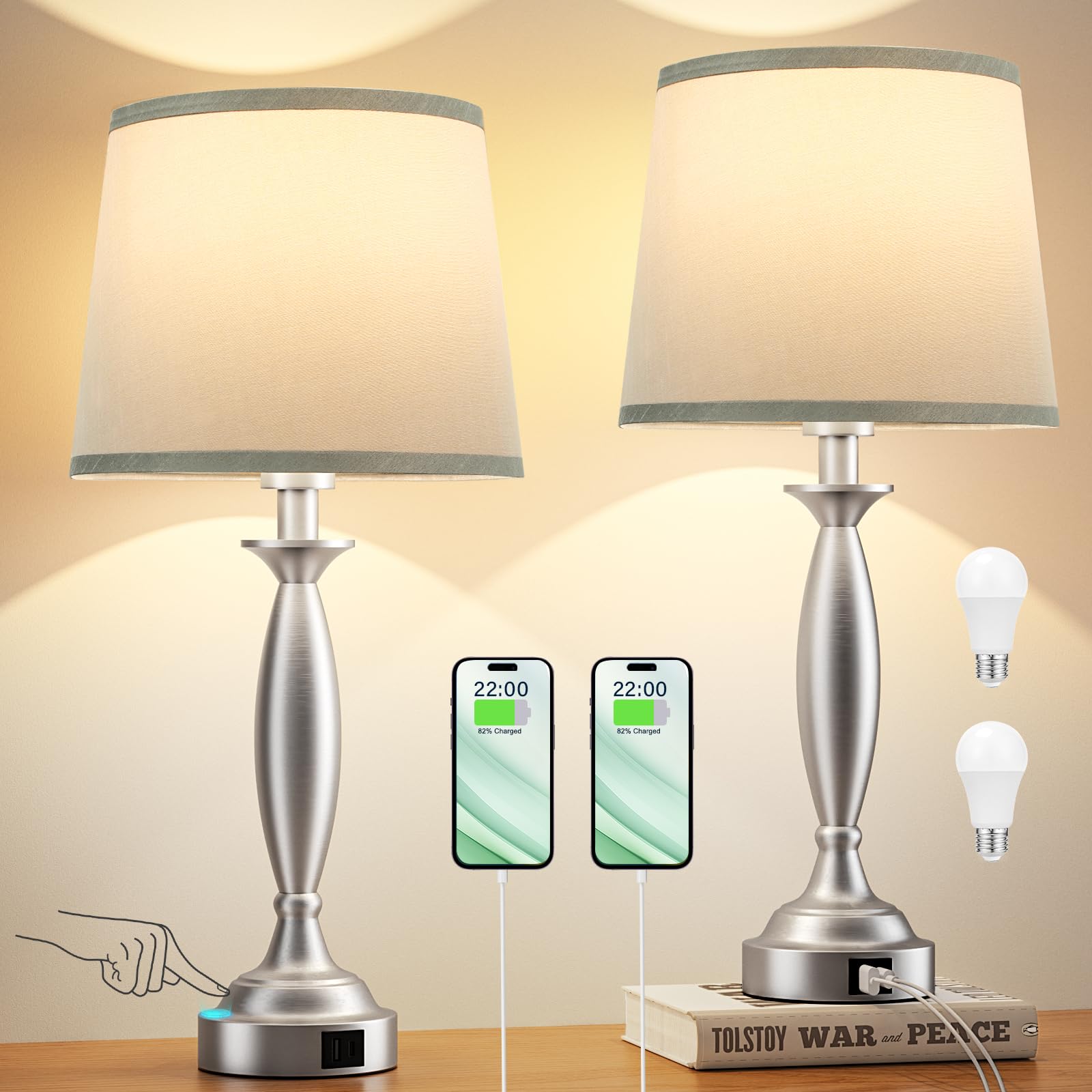 Touch Lamps for Bedroom Set of 2 - USB C+A Charging Bedside Lamps, 3-Way Dimmable Nightstand Lamps with LED Bulbs for Living Room & Bedroom - Perfect for Reading, Relaxing & Charging Devices