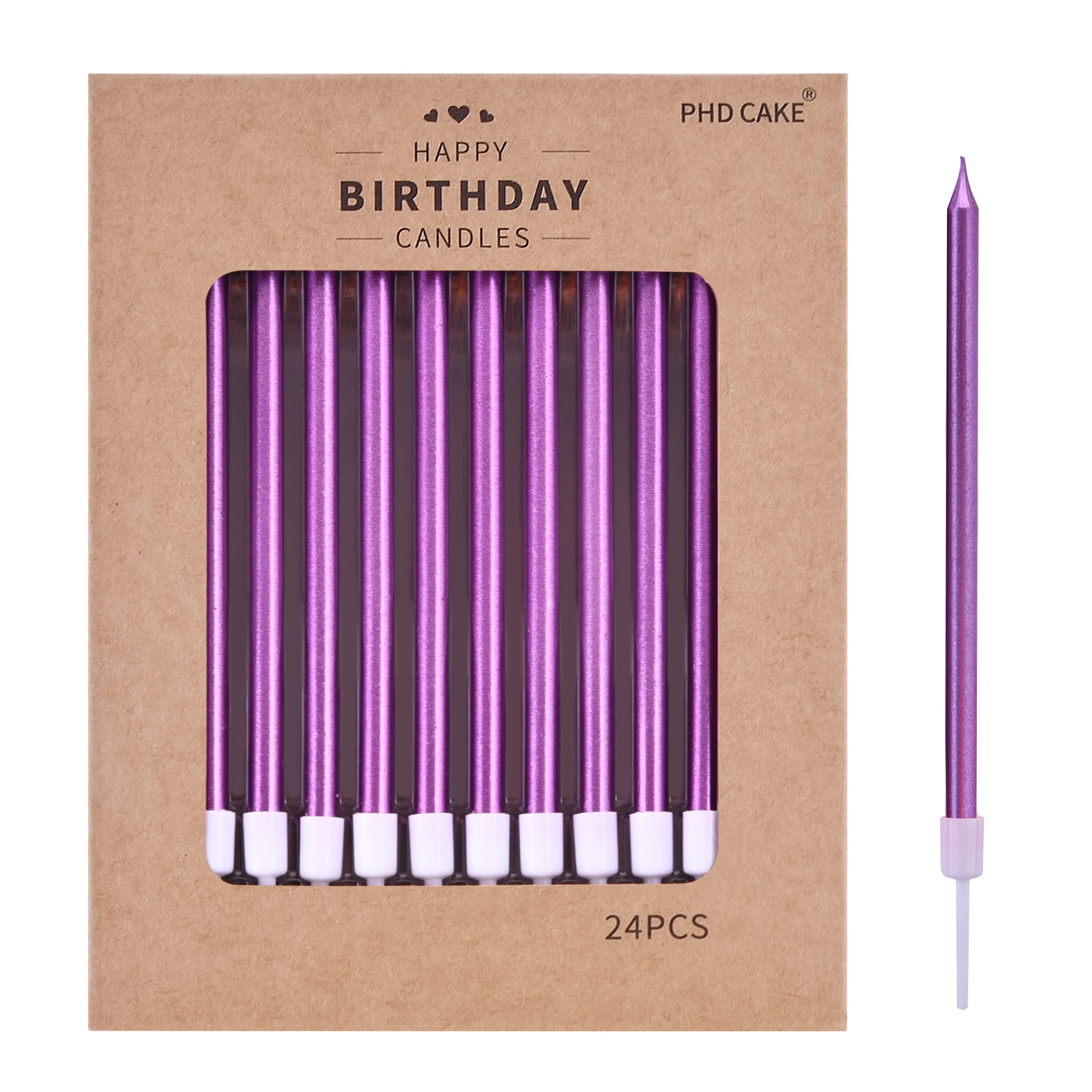 PHD CAKE Purple Long Thin Metallic Birthday Candles - 12 Pack Premium Cake Decorations for Wedding, Anniversary & Party Cakes - Elegant Cake Toppers for Special Occasions