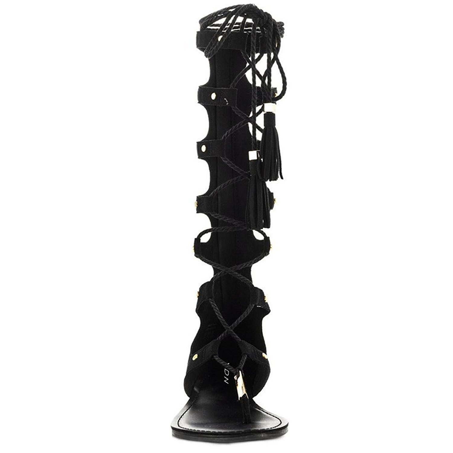 YDN Women's Fashion Lace-Up Gladiator Knee-High Strappy Sandals with Low Heel & Fringe Back Zip - Perfect for Summer Outfits, Beach Vacations and Boho Chic Style