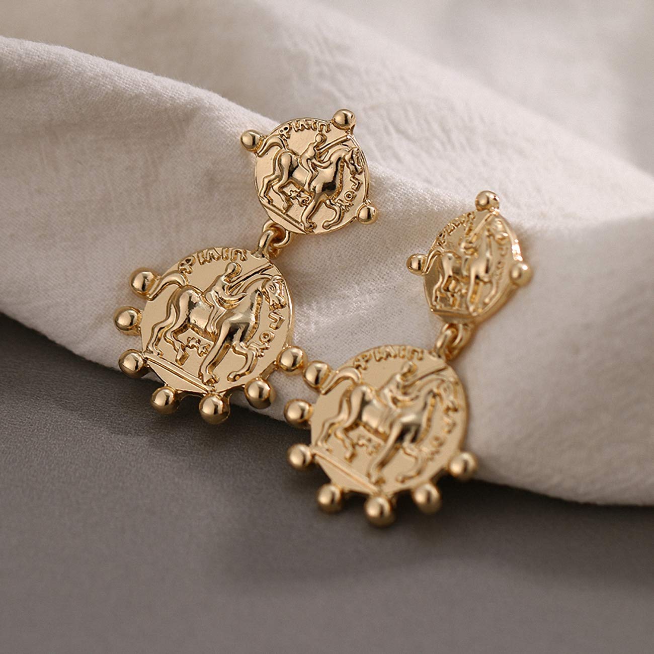 Zinc Alloy Roman Coin Dangle Earrings - Geometric Round Statement Gold Charm Earrings for Women | Vintage Jewelry for Parties, Weddings & Special Occasions