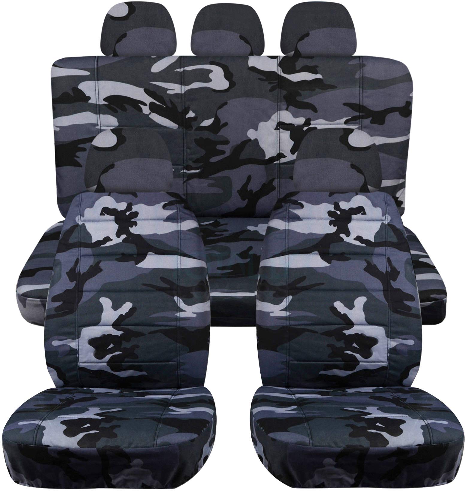 Universal Fit Camouflage Car Seat Covers Full Set - 5 Headrest Covers (2 Front + 3 Rear) - Gray Camo Design for Bucket & Bench Seats - Airbag/Seat Belt/Armrest/Lever/Split Compatible - Perfect for Trucks, SUVs & Off-Road Adventures