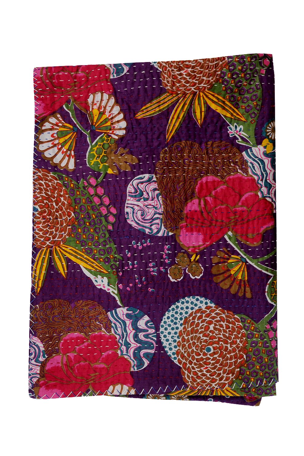 Handmade Indian Queen Gudri Quilt - Vintage Tropical Fruit Print Kantha Cotton Throw Blanket by PinkCityCreations | Boho Bedspread, Sofa Cover, Picnic Blanket & Home Decor