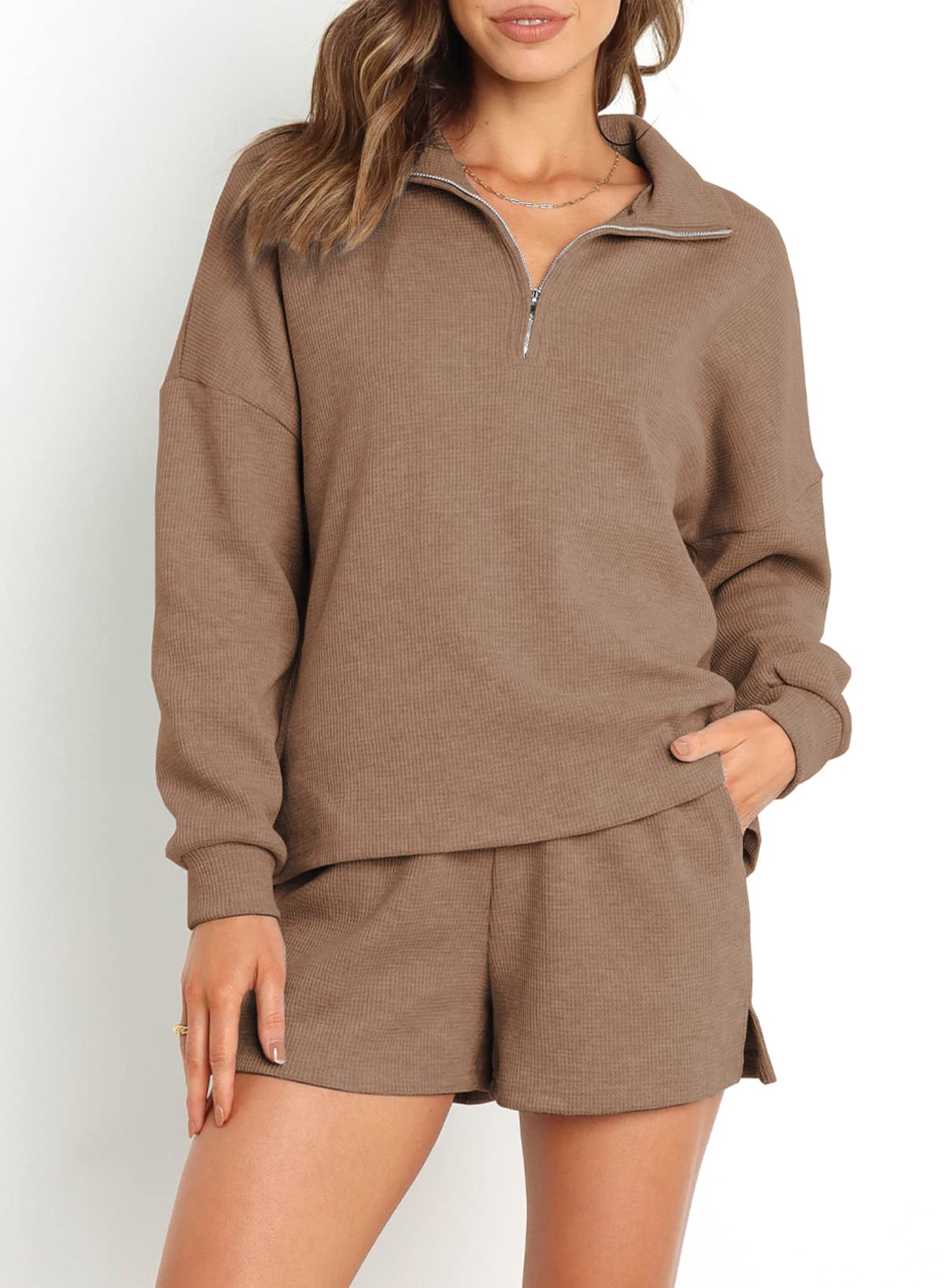Aleumdr Women's 2 Piece Lounge Set - Soft Waffle Knit Long Sleeve Top & Shorts with Pockets | Comfy Matching Outfit for Home, Travel & Casual Wear | 2025 Fashion Trend