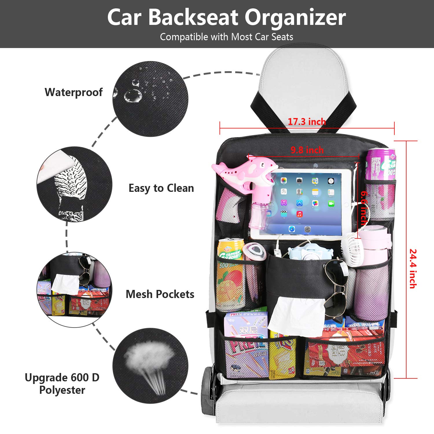 Car Backseat Organizer with Tablet Holder & 8 Storage Pockets - Premium Car Seat Organizer for Kids Toys, Snacks & Essentials - Perfect for Road Trips, Family Travel & Daily Commute