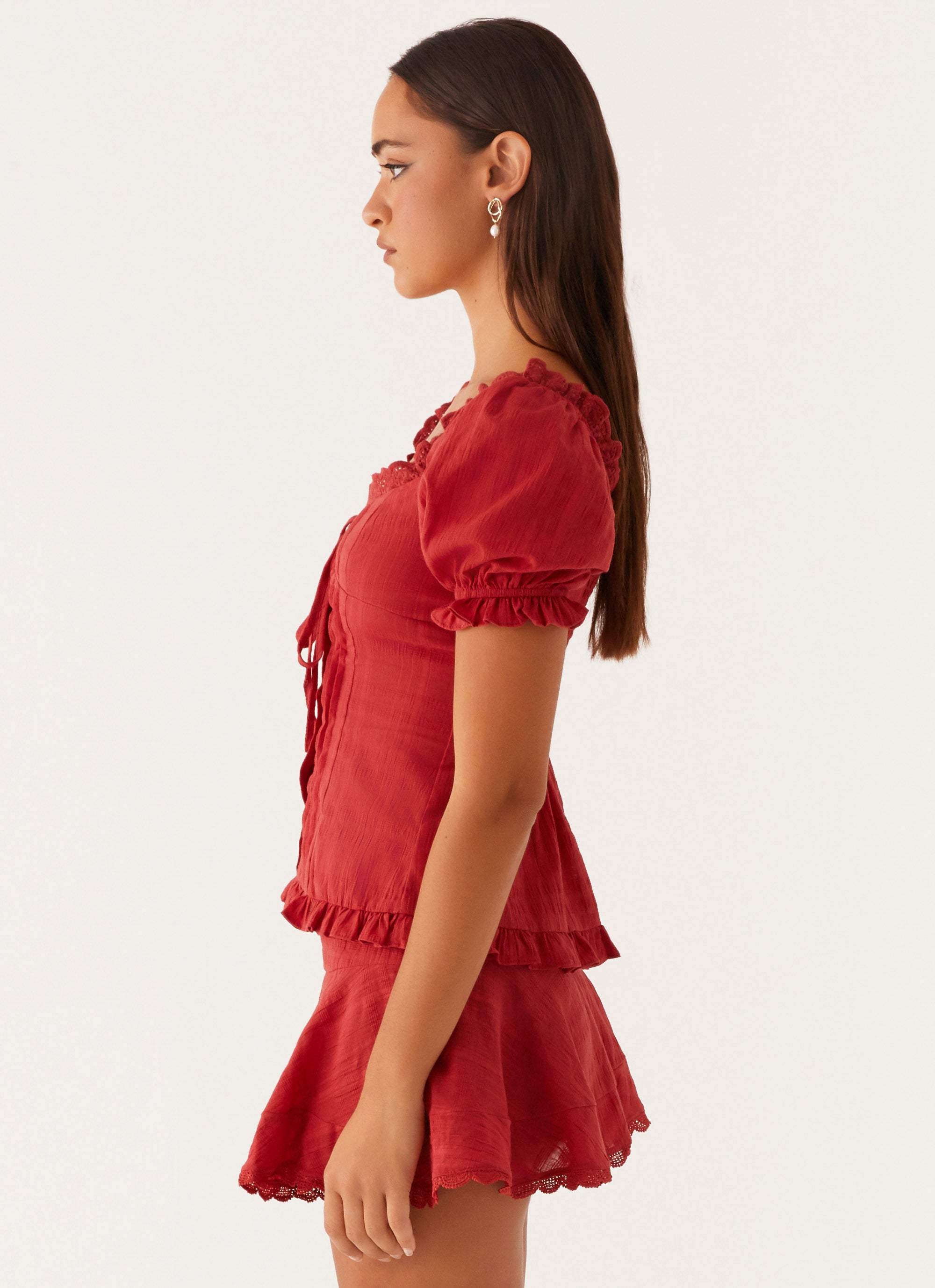 100% Cotton Puff Sleeve Blouse - Women's Fashion Red Top for Casual Wear & Date Night Outfits