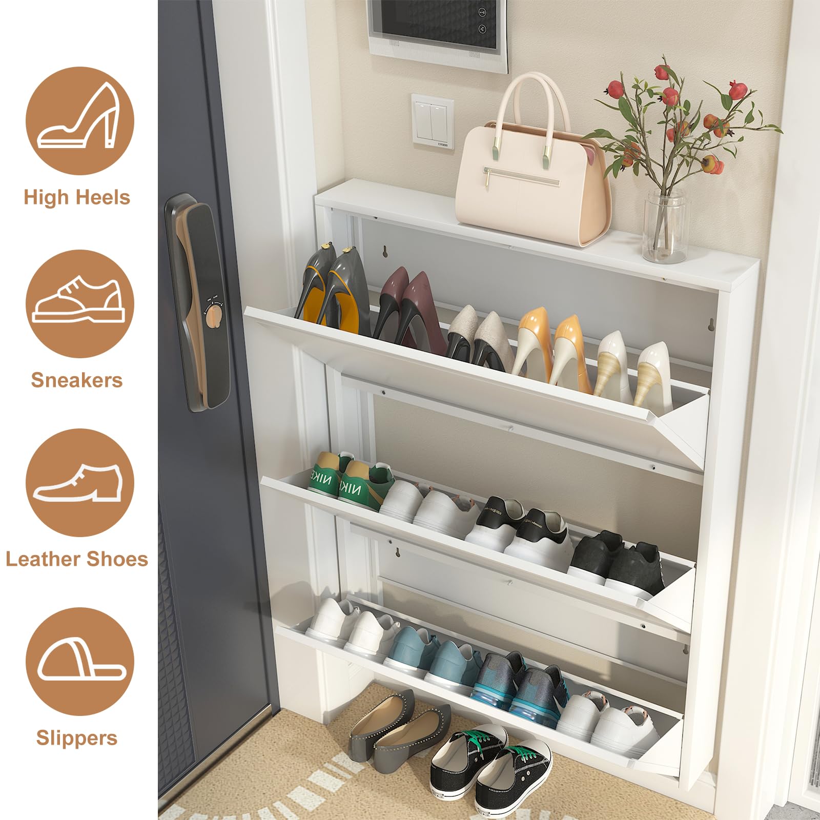 LucyPal 3-Tier Flip Drawers Shoe Storage Cabinet - Narrow Freestanding Shoe Organizer for Entryway, Hallway, Bedroom & Apartment - White Metal Shoe Rack (43