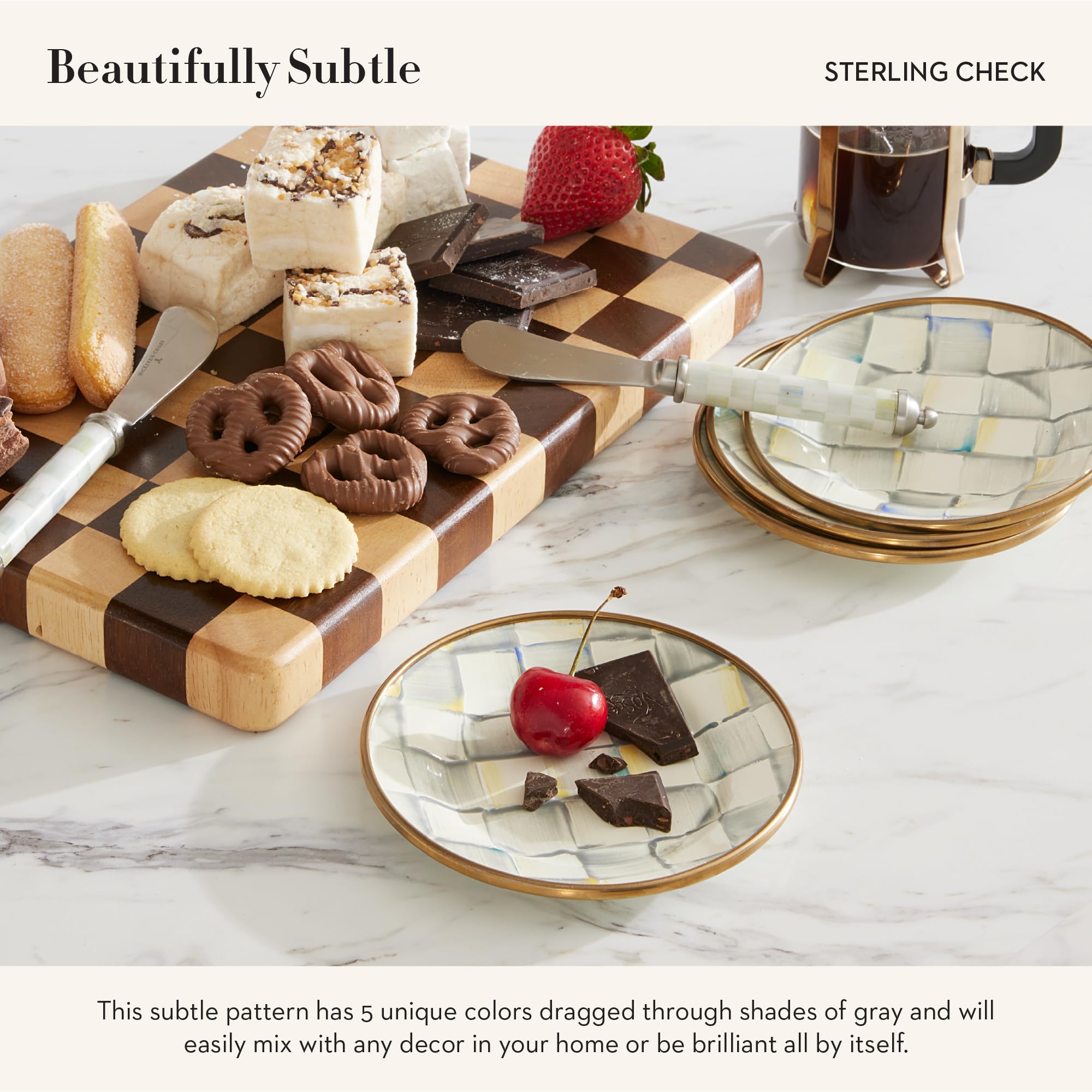 MACKENZIE-CHILDS 4-Piece Enamel Appetizer Plates Set - 5 Inch Mini Dessert Plates in Elegant Gray & White Sterling Check Pattern - Perfect for Parties, Afternoon Tea, and Small Bite Serving