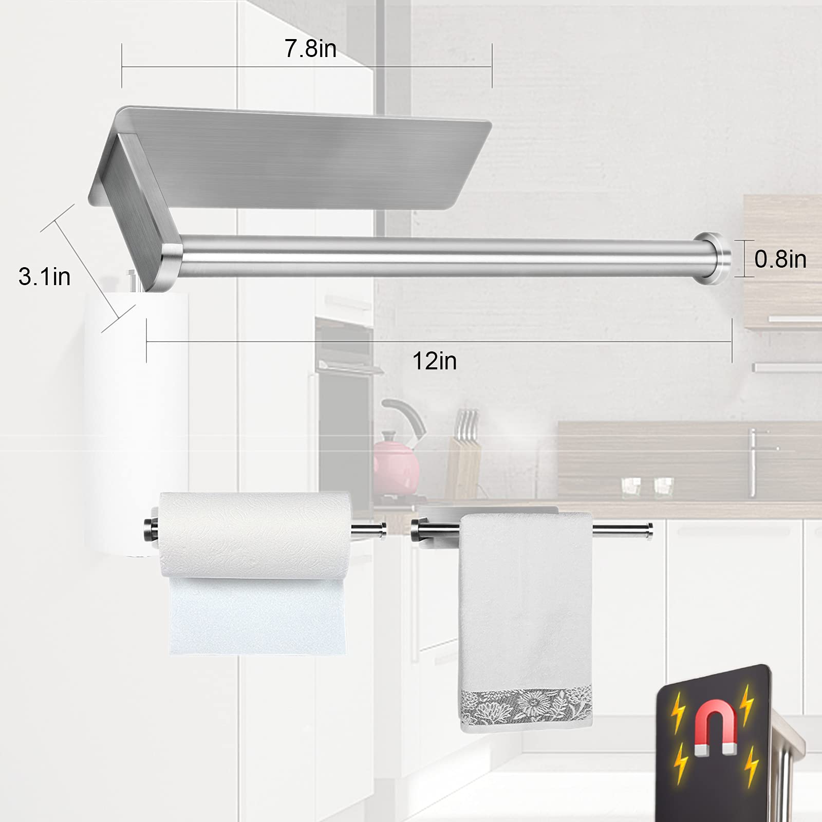 Magnetic Paper Towel Holder - Brushed Stainless Steel with Strong Magnetic Backing for Large Paper Towels - Perfect for Kitchen, Refrigerator, Grill, Toolbox, Garage & Workshop - Space-Saving Organizer for Easy Access