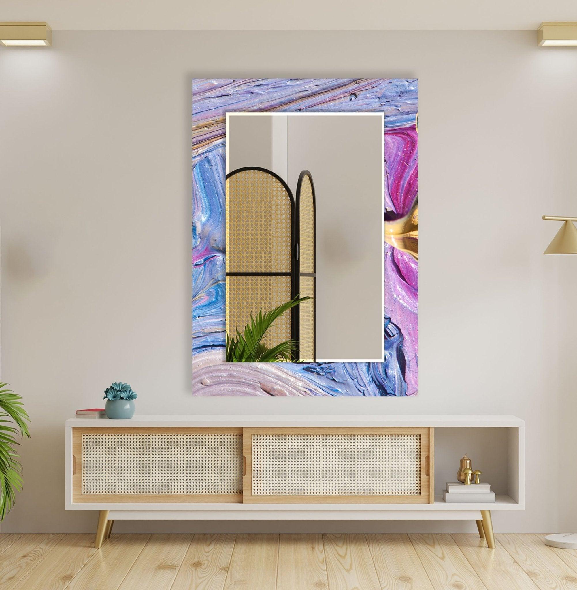 Abstract Purple Oil Painting Wall Mirror - Modern Boho Decor for Living Room, Bedroom & Entryway - Handmade Artwork for Home & Office Decor