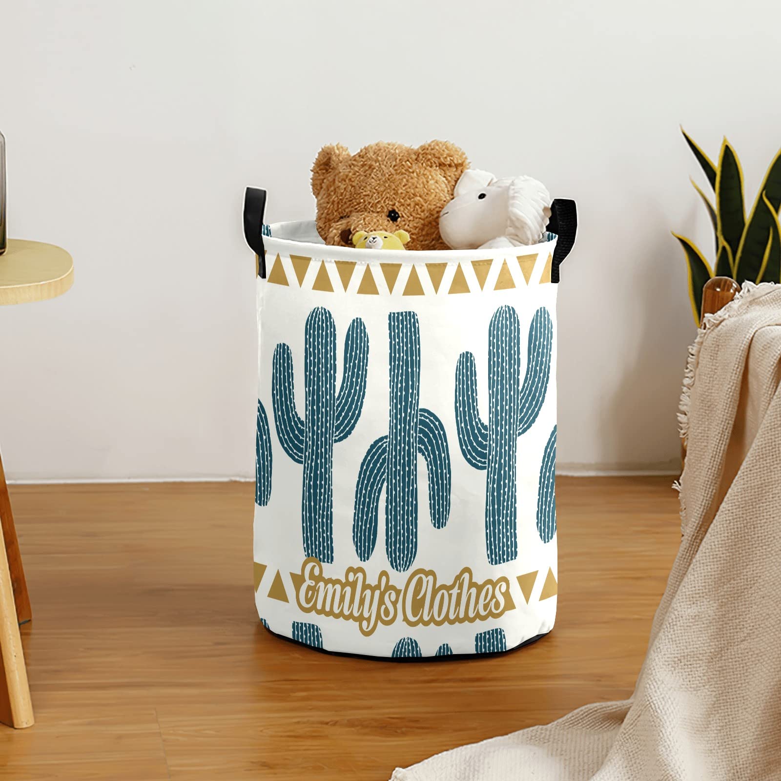 Custom Cactus Stripes Laundry Hamper - Waterproof Collapsible Drawstring Storage Basket with Handle (50cm x 36cm) for Clothes, Toys, and Home Organization | Perfect for Bedroom, Nursery, and Laundry Room