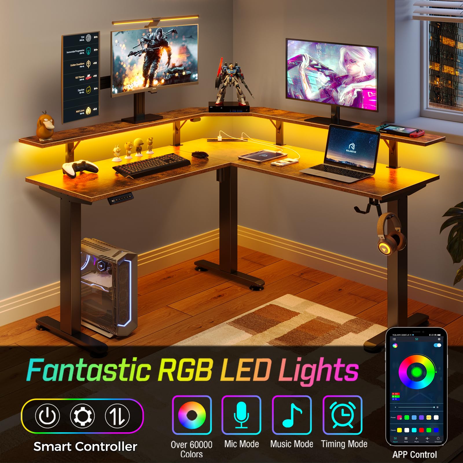 Rolanstar L-Shaped Electric Standing Desk with LED Light & Power Outlet - Height Adjustable Computer Desk with Monitor Stand in Rustic Brown - Perfect for Home Office, Gaming Setup & Workspace Ergonomics