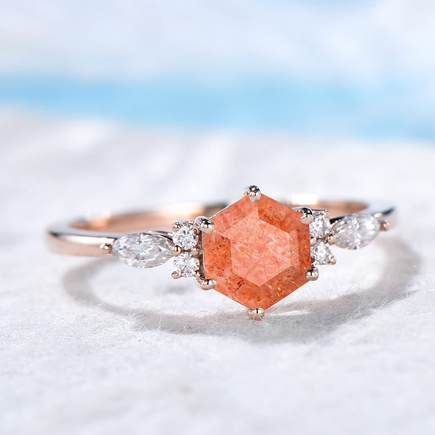 Genuine Sterling Silver Hexagon Cut Sunstone Ring with Rose Gold Cluster - Orange Stone Engagement Ring for Women, Size 4-10 - Perfect for Birthdays, Anniversaries & Special Occasions - Comes with Gift Box