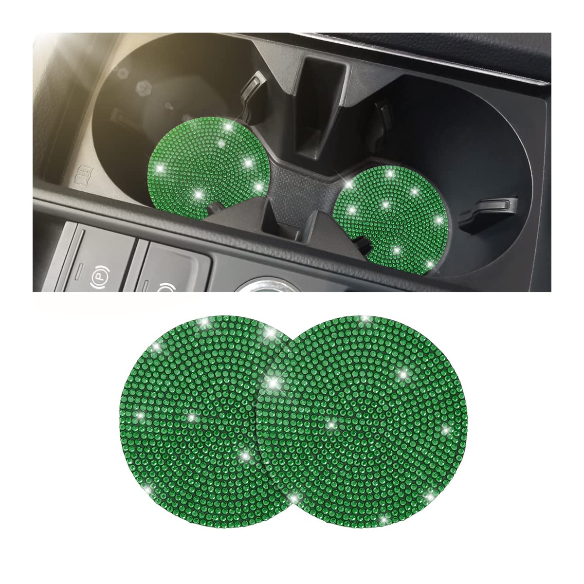 2PCS Handcrafted Rhinestone Crystal Car Cup Holder Coaster - Non-Slip Universal Fit for Cars, SUVs, Home & Office - Elegant Car Interior Accessories for Women & Men (Green) | Perfect Gift for Car Lovers & Home Decor